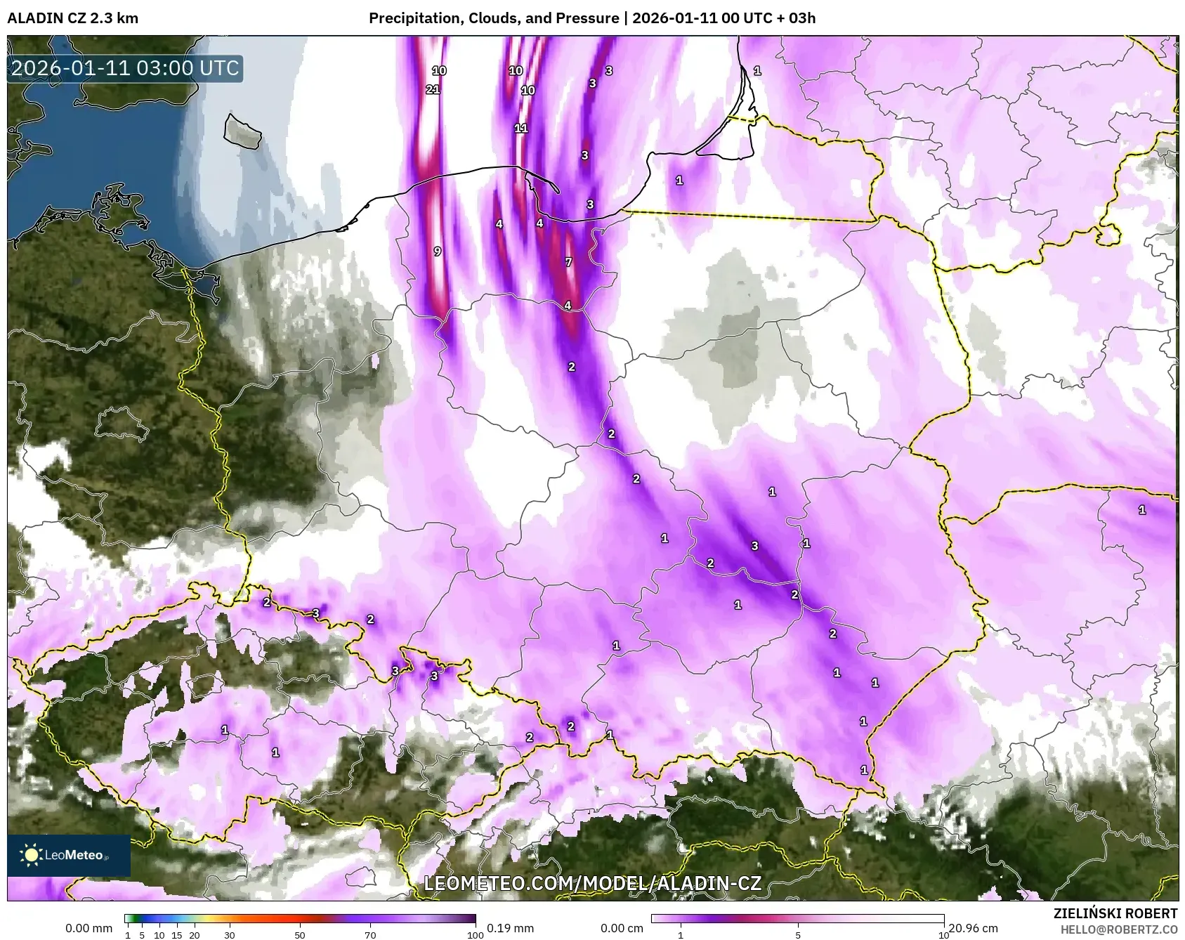 ALADIN CZ 2.3 km model - Polonya, Yağış, Bulut ve Basınç