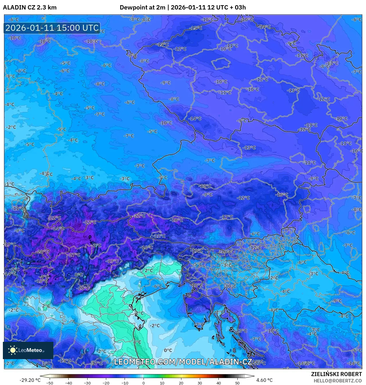 ALADIN CZ 2.3 km model - Avusturya, 2 m Çiy Noktası