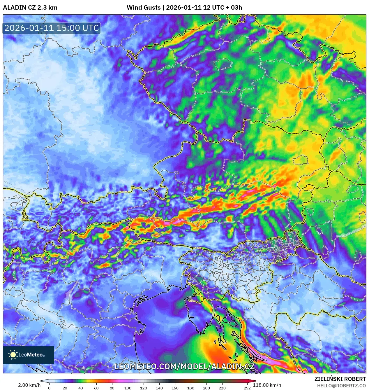 ALADIN CZ 2.3 km model - Avusturya, Rüzgâr Esintileri