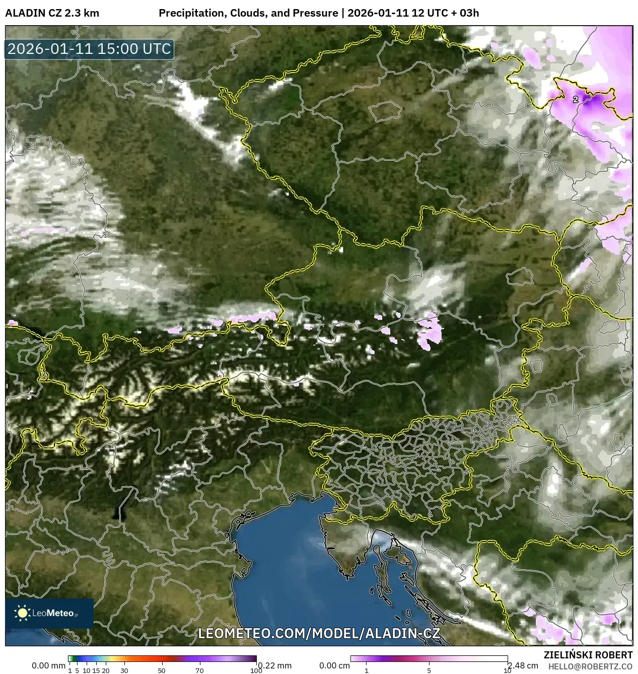 ALADIN CZ 2.3 km model - Avusturya, Yağış, Bulut ve Basınç