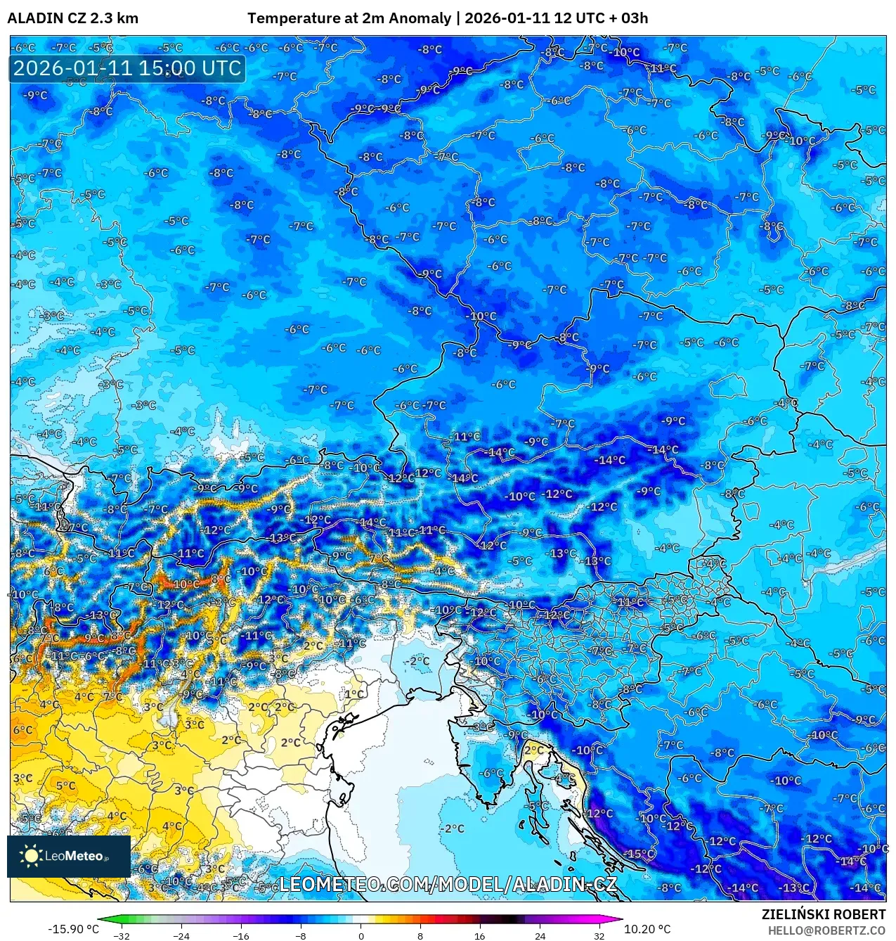 ALADIN CZ 2.3 km model - Avusturya, 2 m Sıcaklık Anomalisi