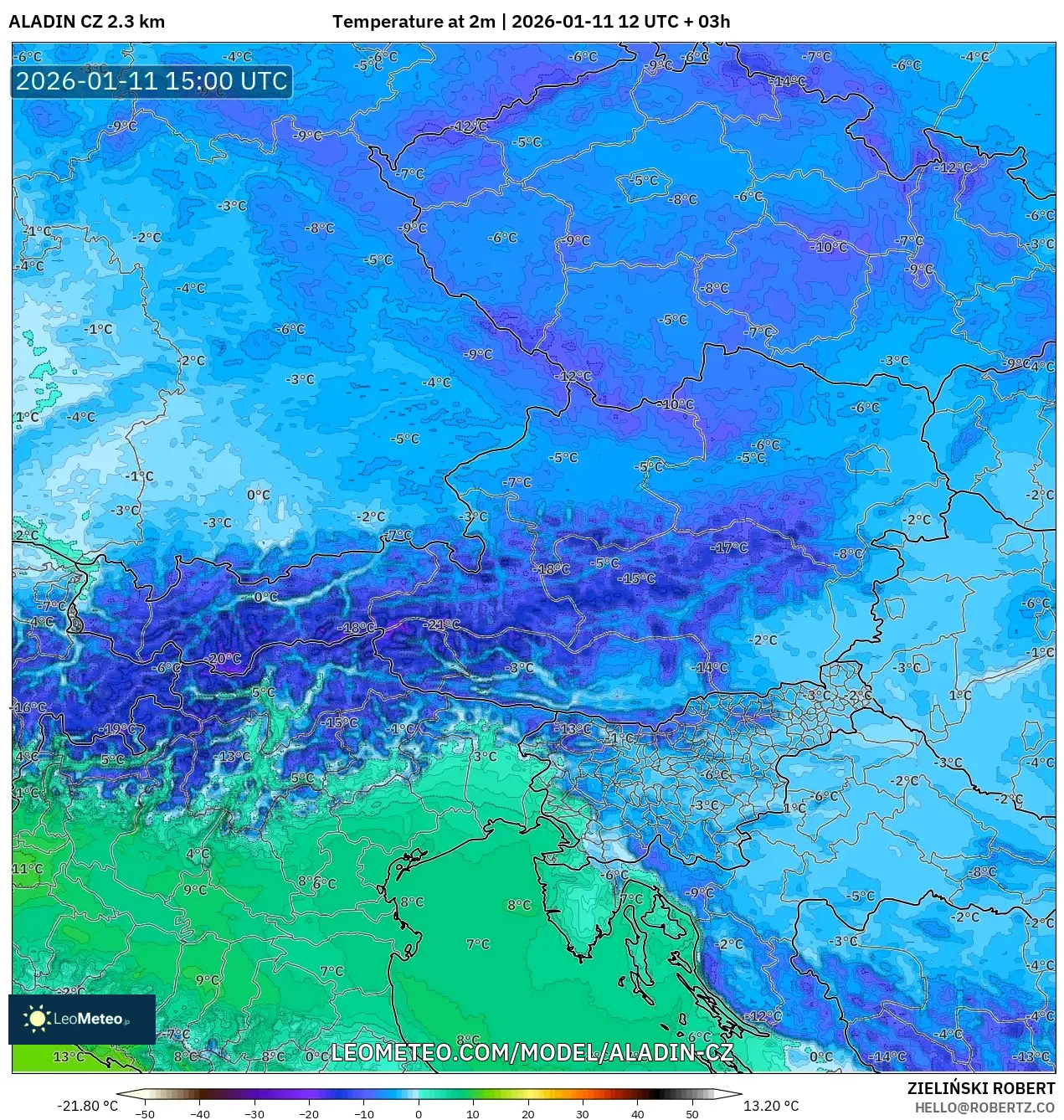 ALADIN CZ 2.3 km model - Avusturya, 2 m Sıcaklık