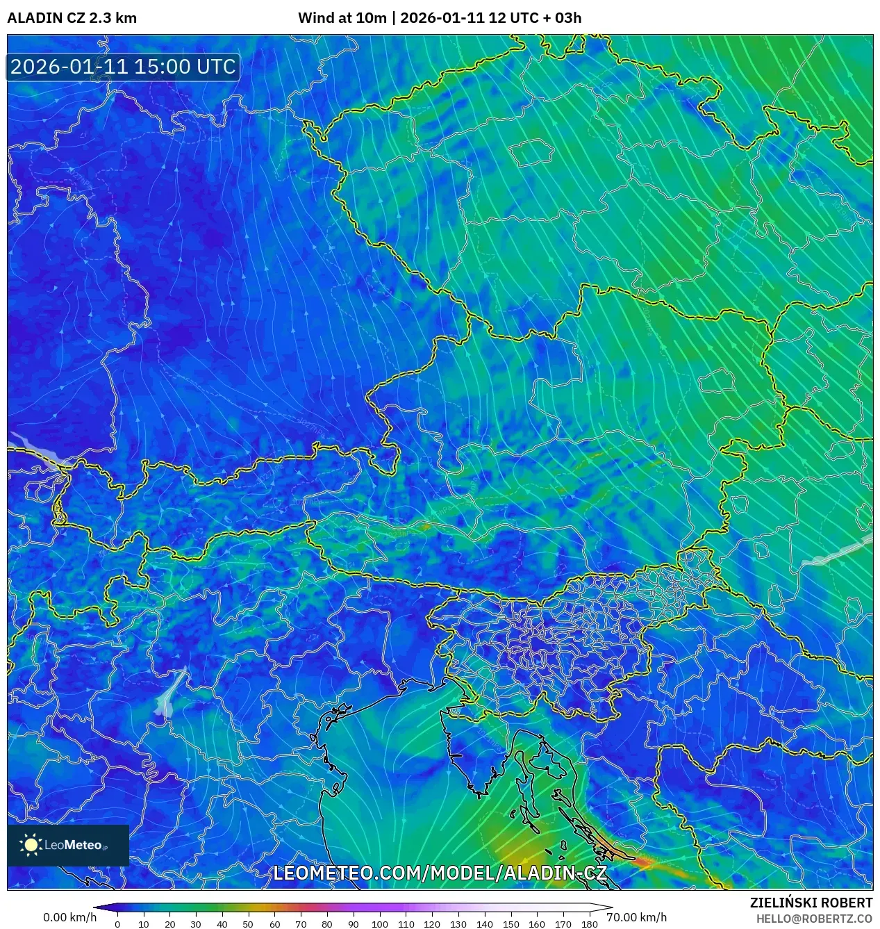 ALADIN CZ 2.3 km model - Avusturya, 10 m Rüzgâr