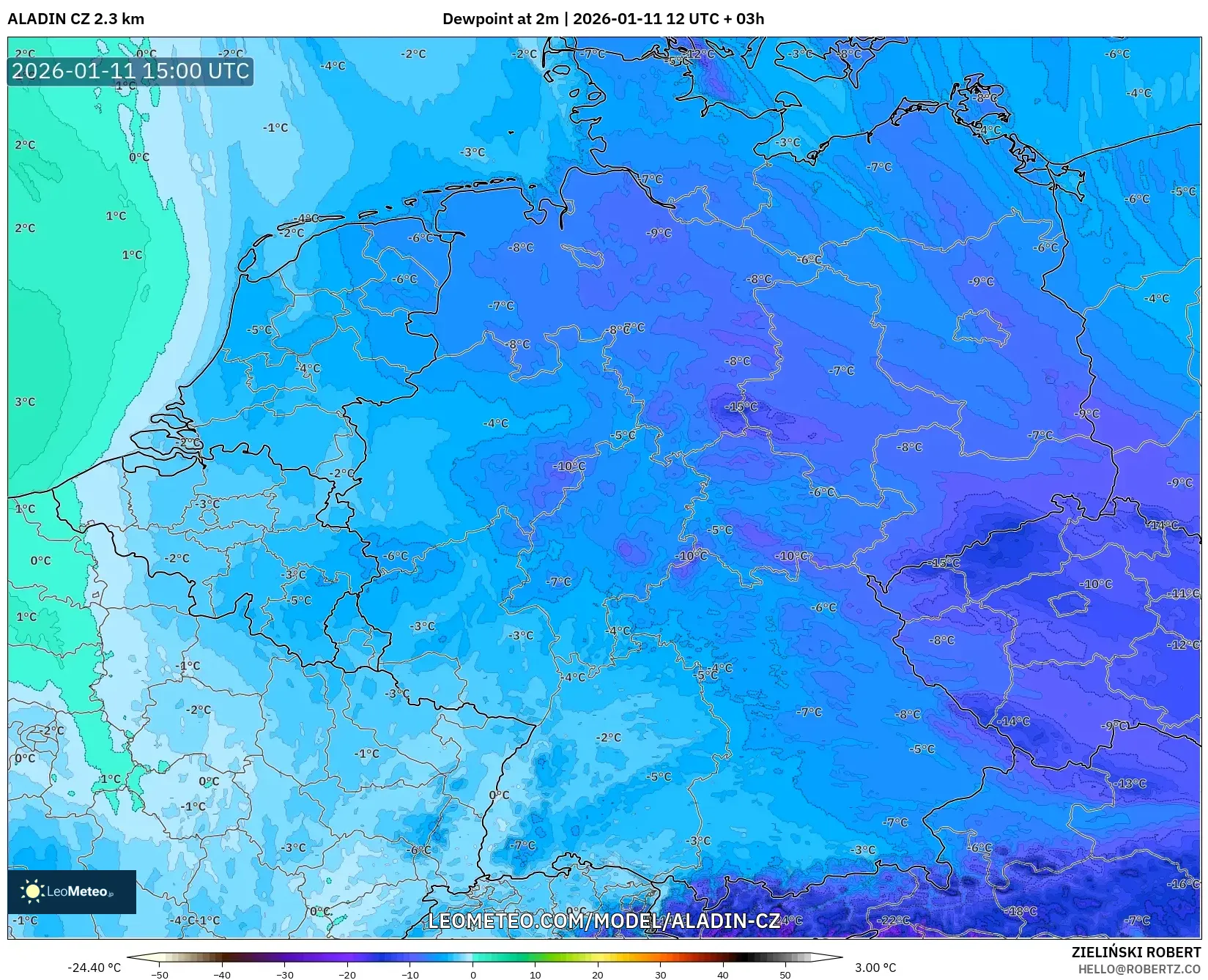 ALADIN CZ 2.3 km model - Almanya, 2 m Çiy Noktası