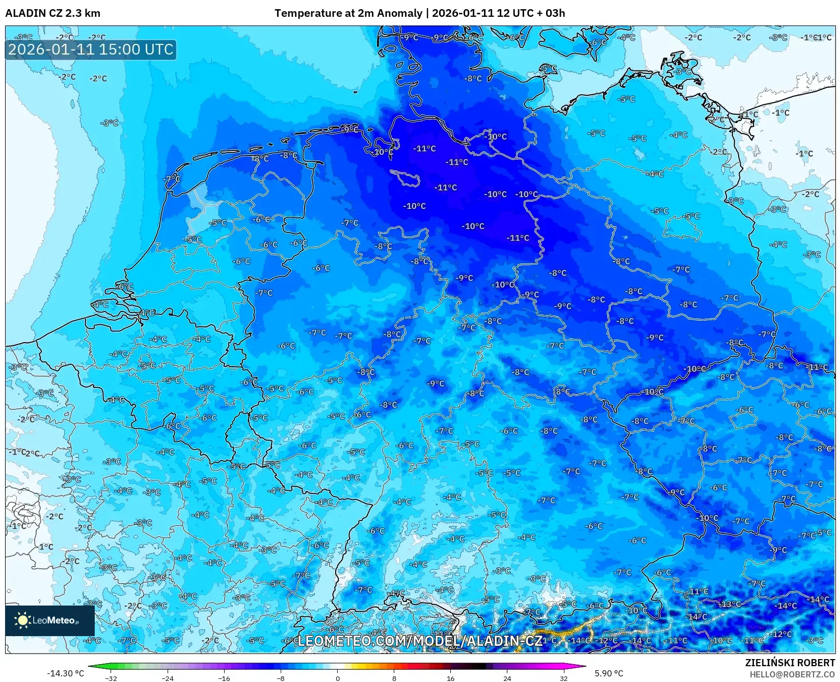 ALADIN CZ 2.3 km model - Almanya, 2 m Sıcaklık Anomalisi