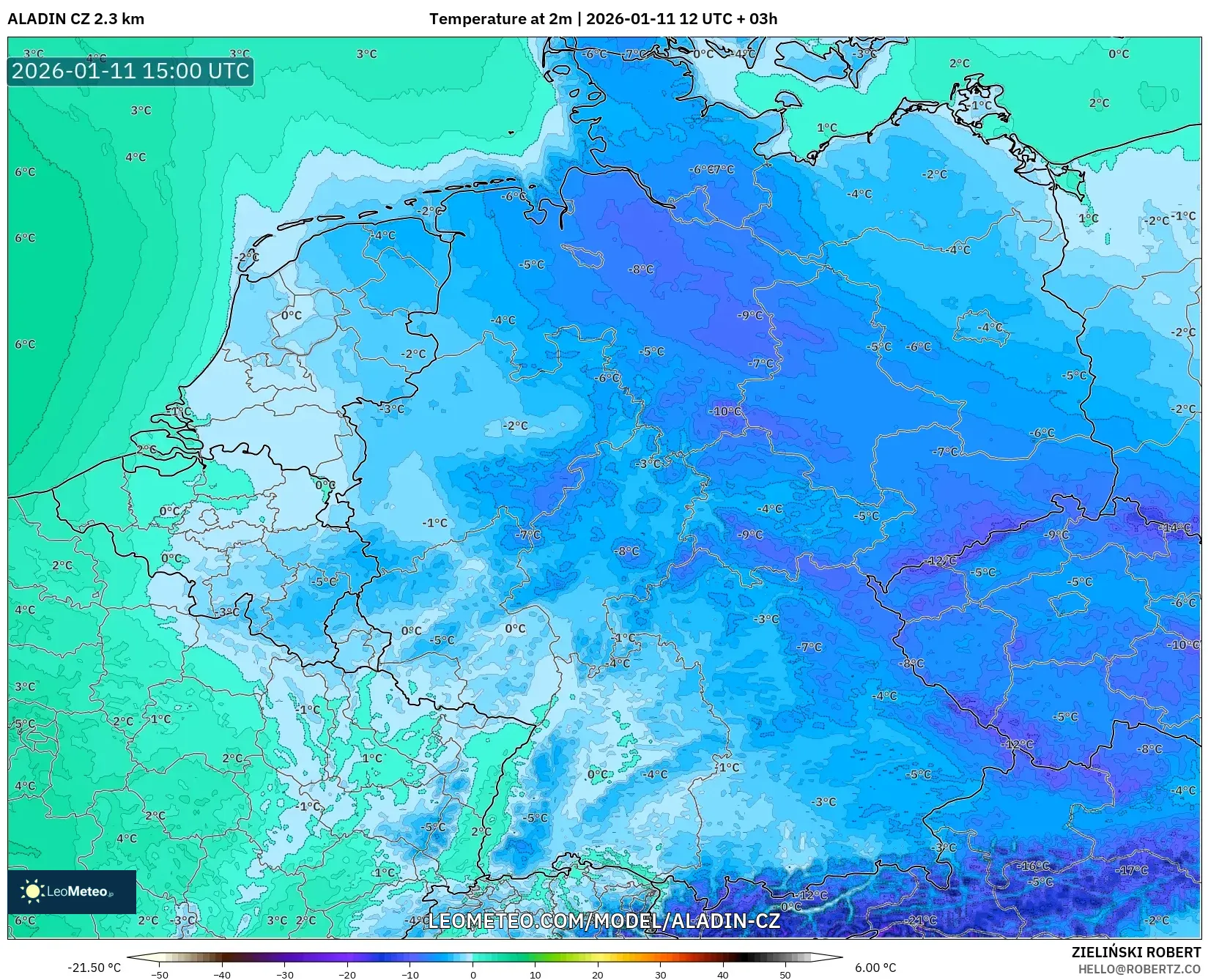 ALADIN CZ 2.3 km model - Almanya, 2 m Sıcaklık