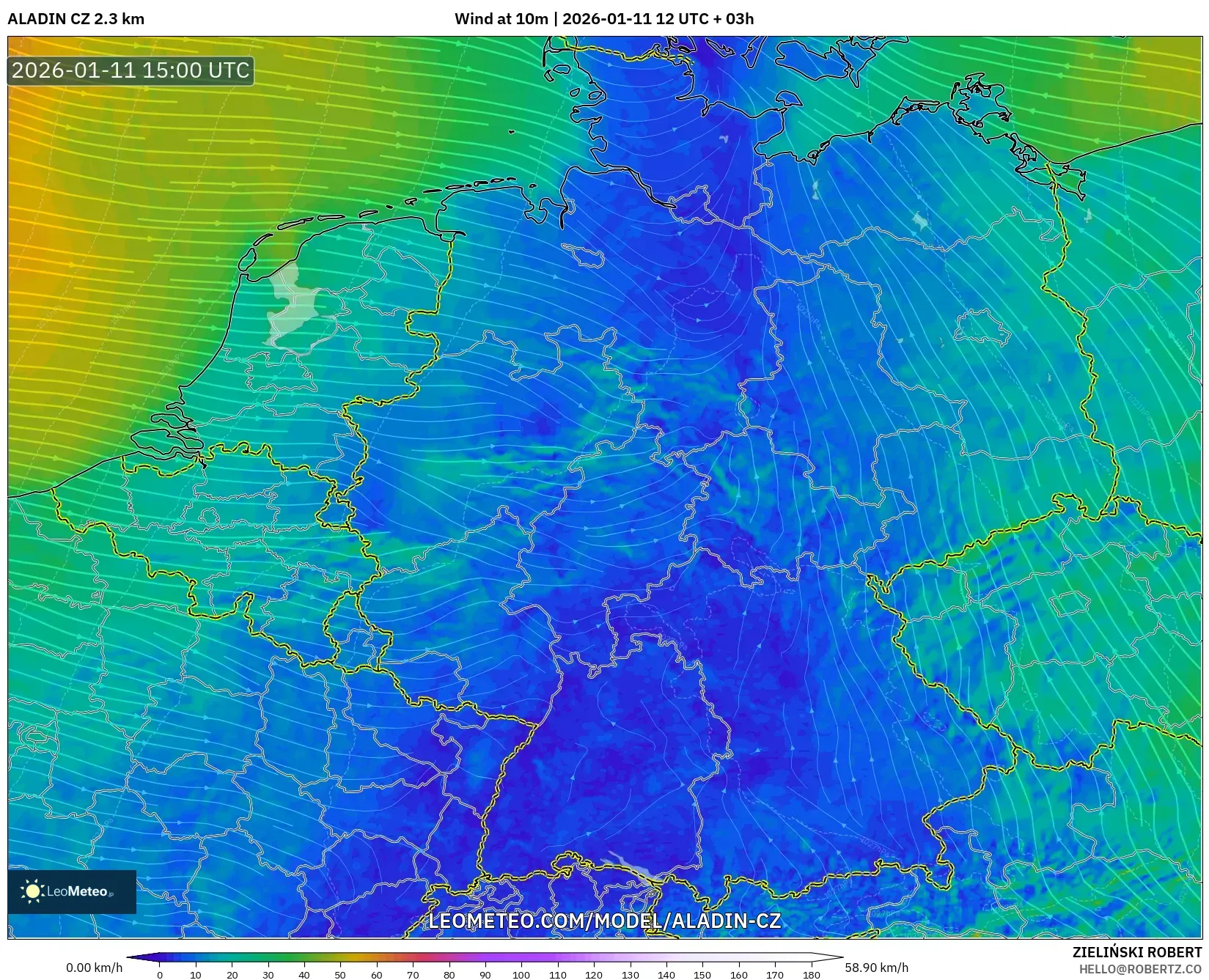 ALADIN CZ 2.3 km model - Almanya, 10 m Rüzgâr