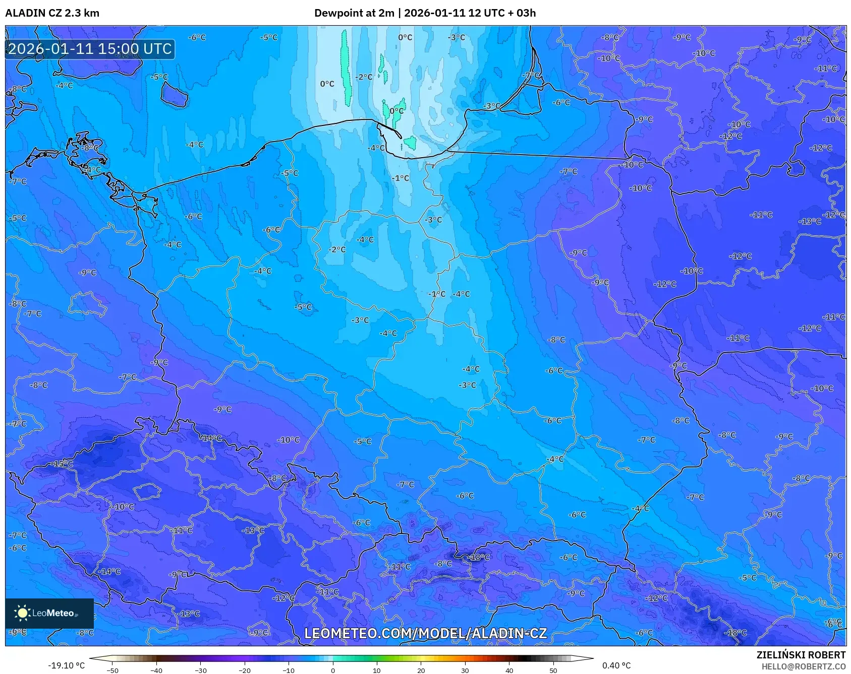 ALADIN CZ 2.3 km model - Polonya, 2 m Çiy Noktası