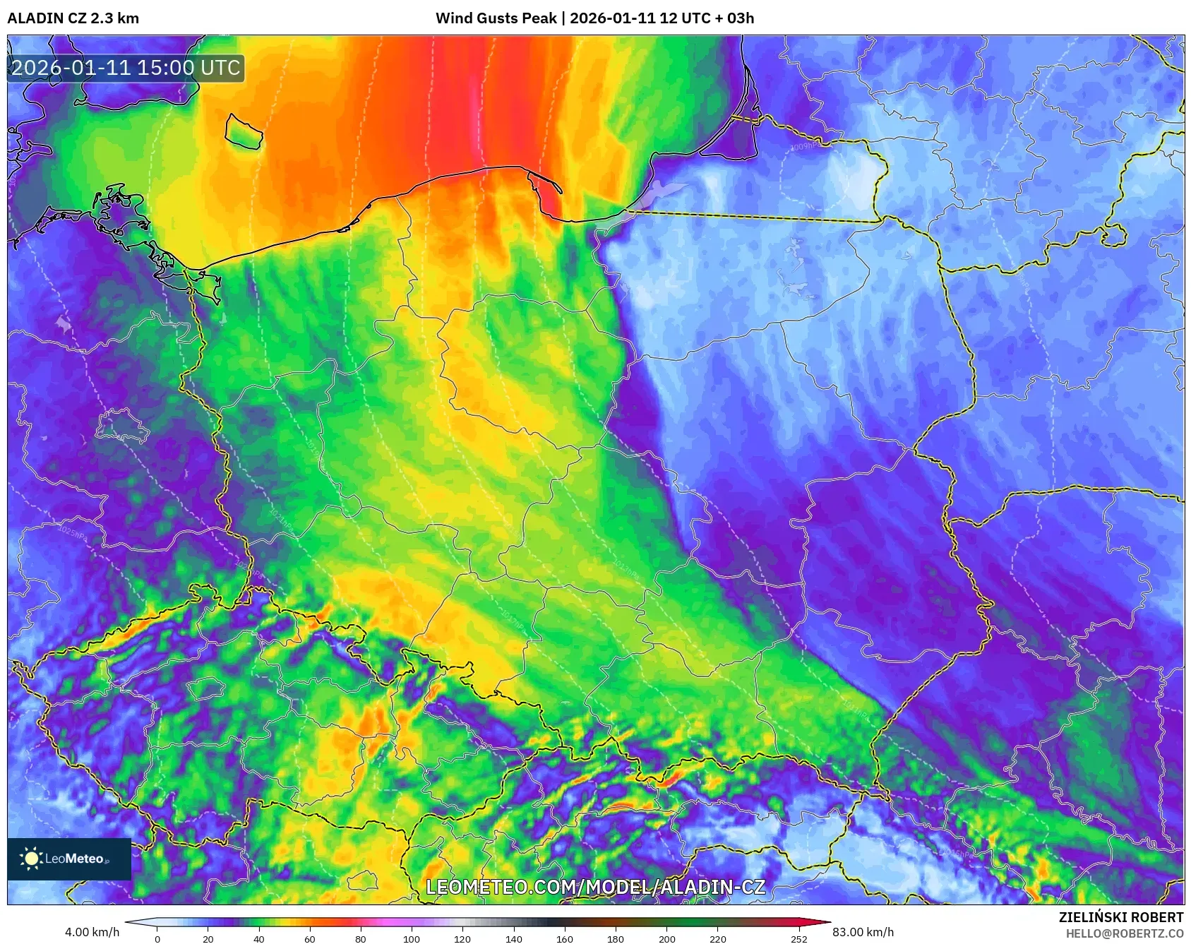 ALADIN CZ 2.3 km model - Polonya, En Yüksek Rüzgâr