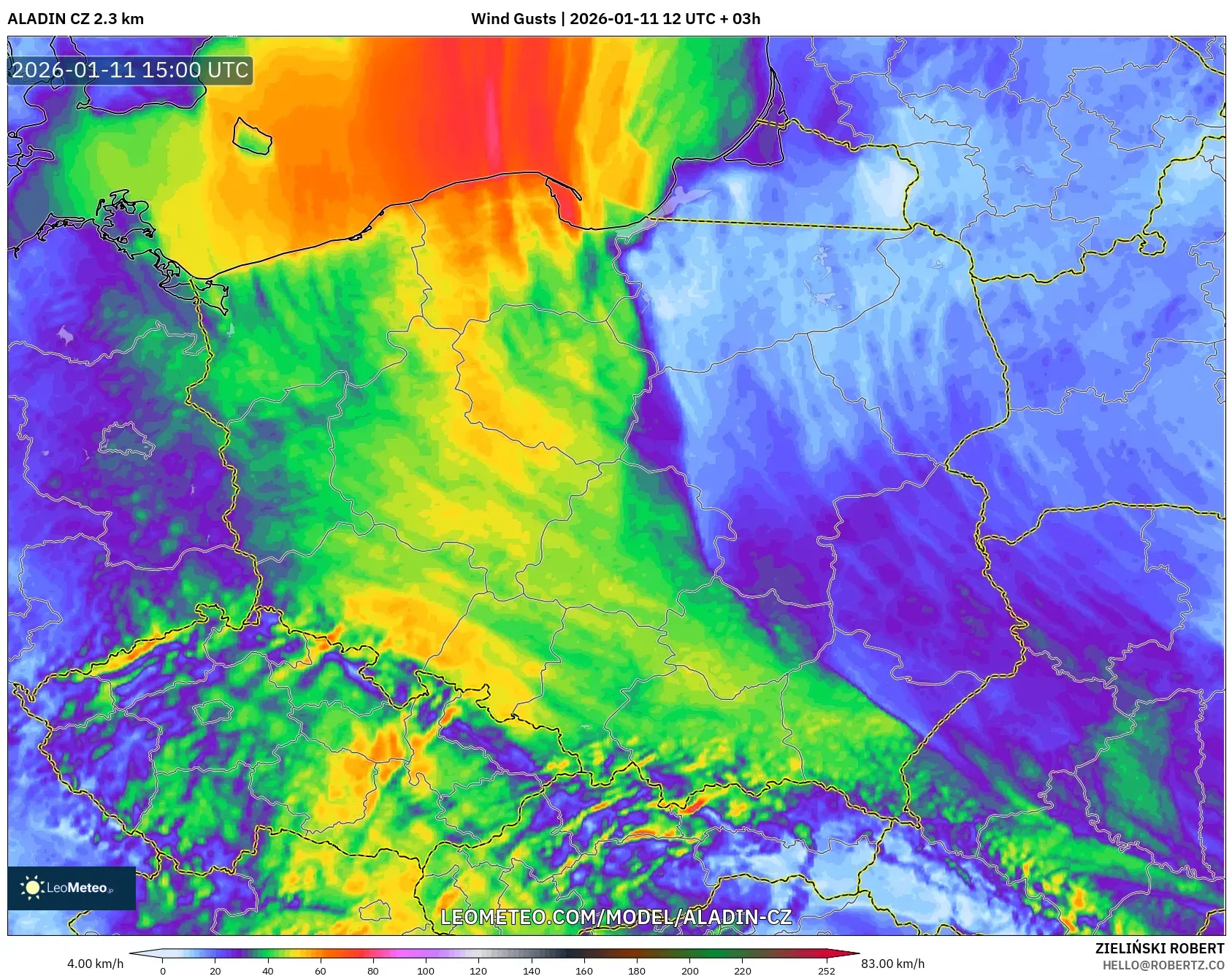 ALADIN CZ 2.3 km model - Polonya, Rüzgâr Esintileri