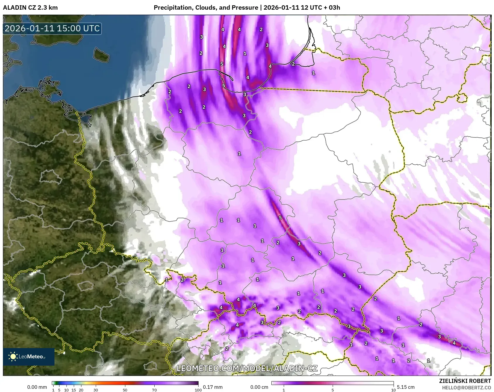 ALADIN CZ 2.3 km model - Polonya, Yağış, Bulut ve Basınç