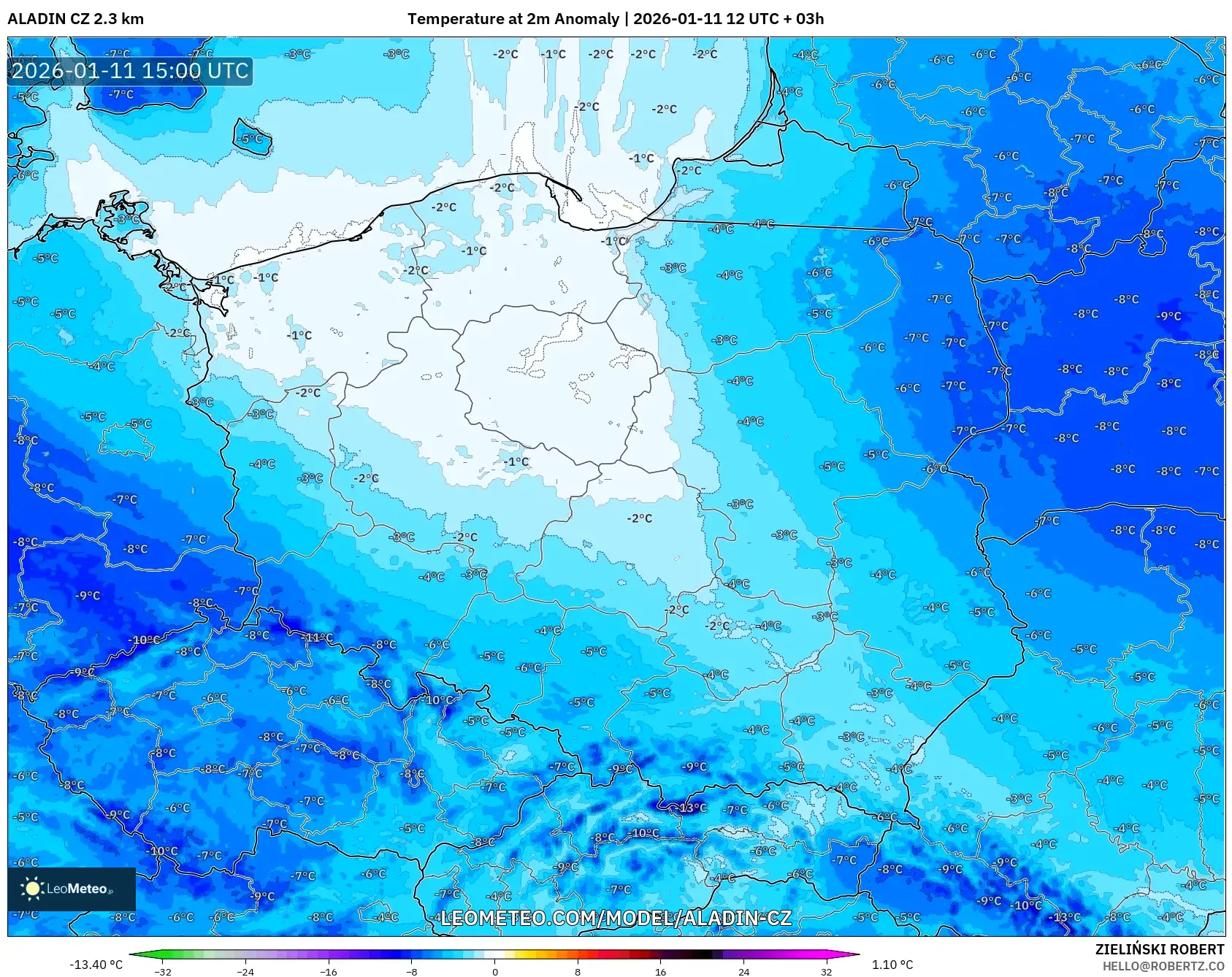 ALADIN CZ 2.3 km model - Polonya, 2 m Sıcaklık Anomalisi