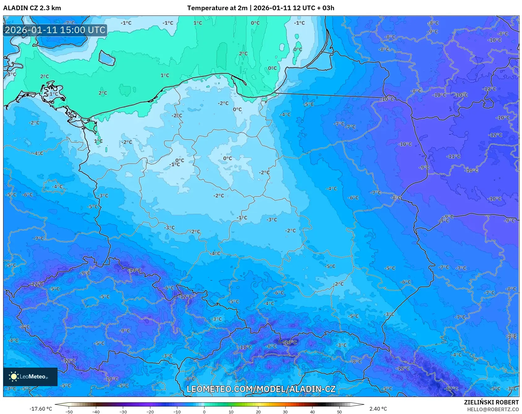 ALADIN CZ 2.3 km model - Polonya, 2 m Sıcaklık