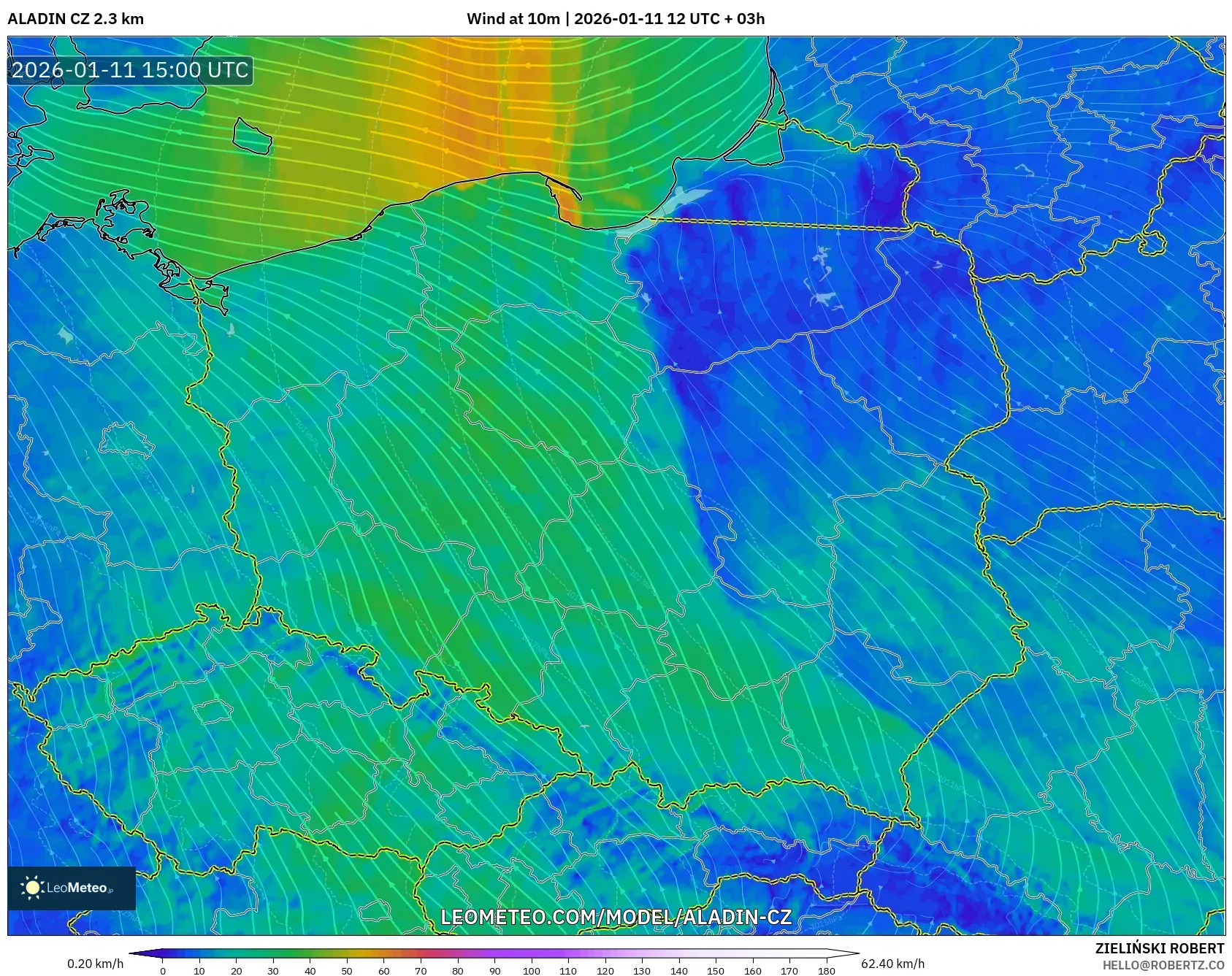 ALADIN CZ 2.3 km model - Polonya, 10 m Rüzgâr