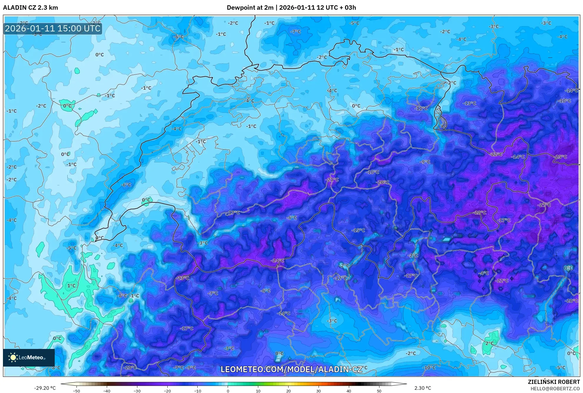 ALADIN CZ 2.3 km model - İsviçre, 2 m Çiy Noktası