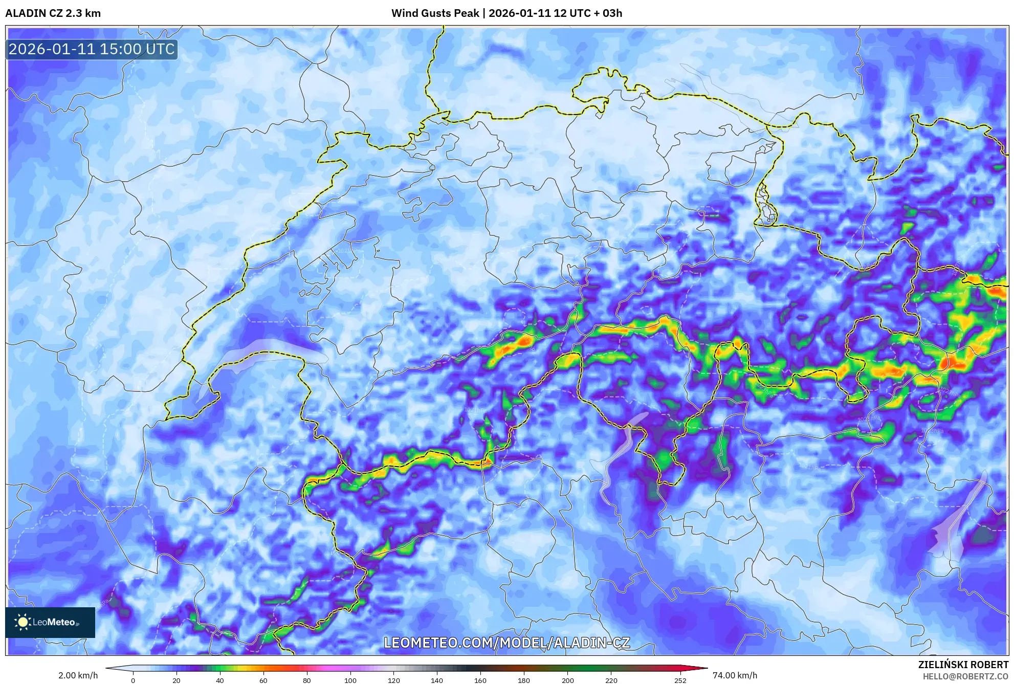 ALADIN CZ 2.3 km model - İsviçre, En Yüksek Rüzgâr
