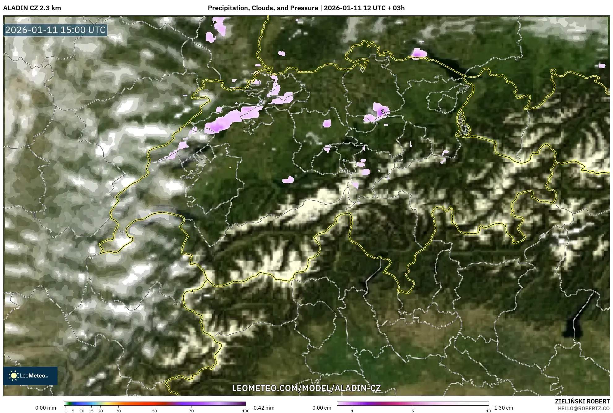 ALADIN CZ 2.3 km model - İsviçre, Yağış, Bulut ve Basınç