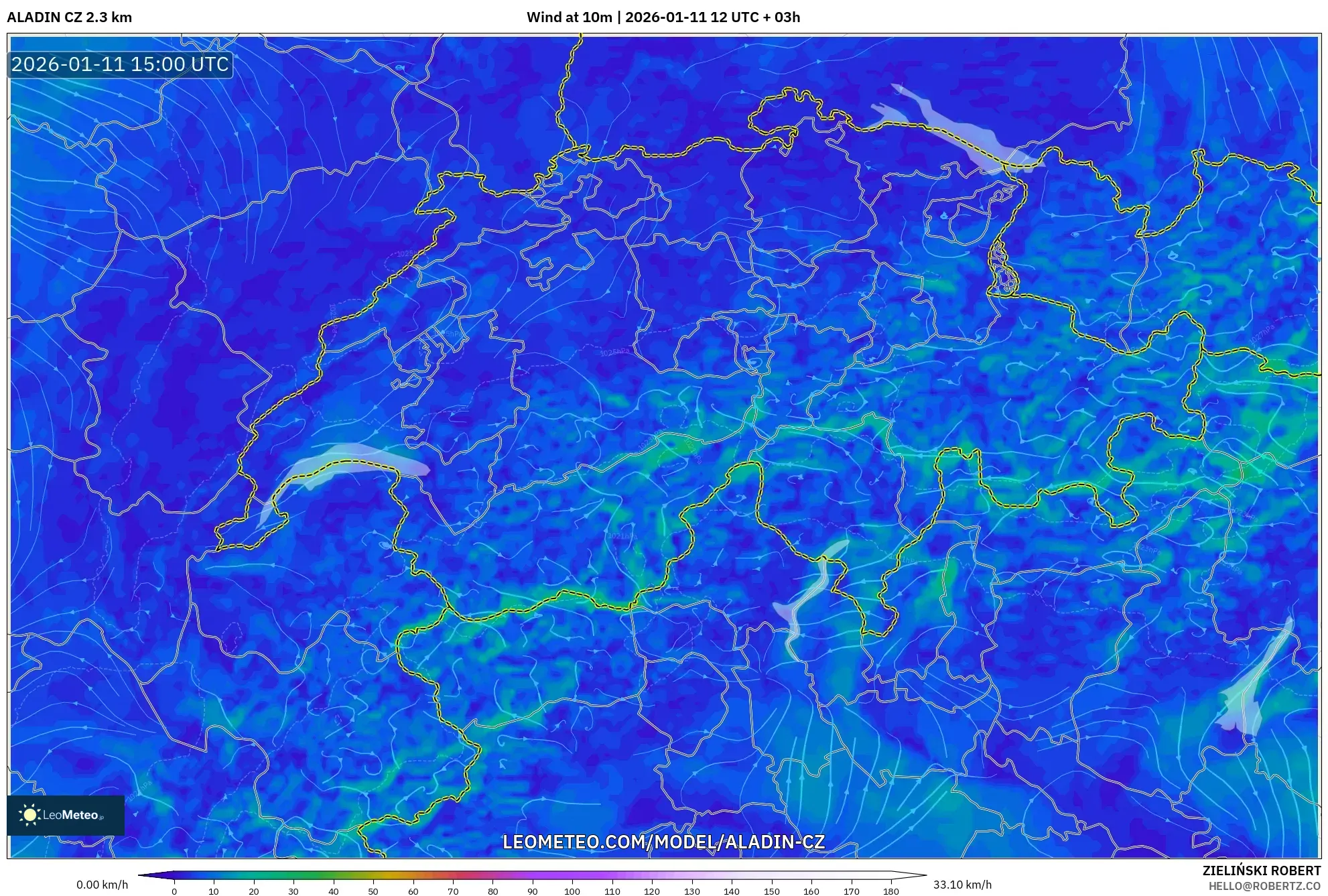 ALADIN CZ 2.3 km model - İsviçre, 10 m Rüzgâr