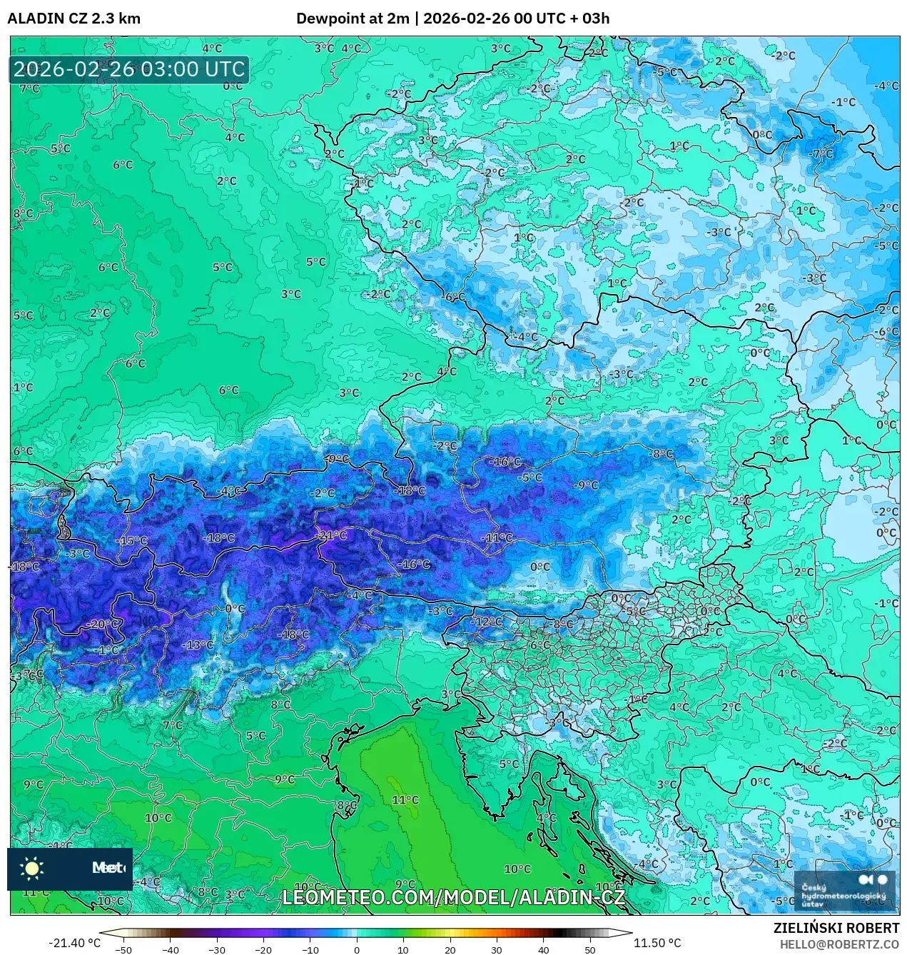 ALADIN CZ 2.3 km model - Avusturya, 2 m Çiy Noktası