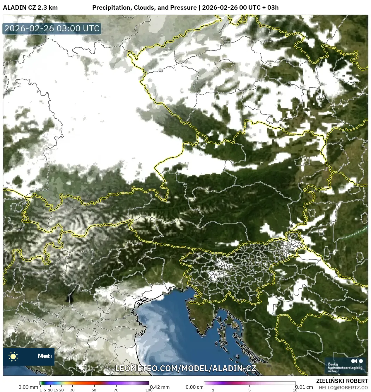 ALADIN CZ 2.3 km model - Avusturya, Yağış, Bulut ve Basınç