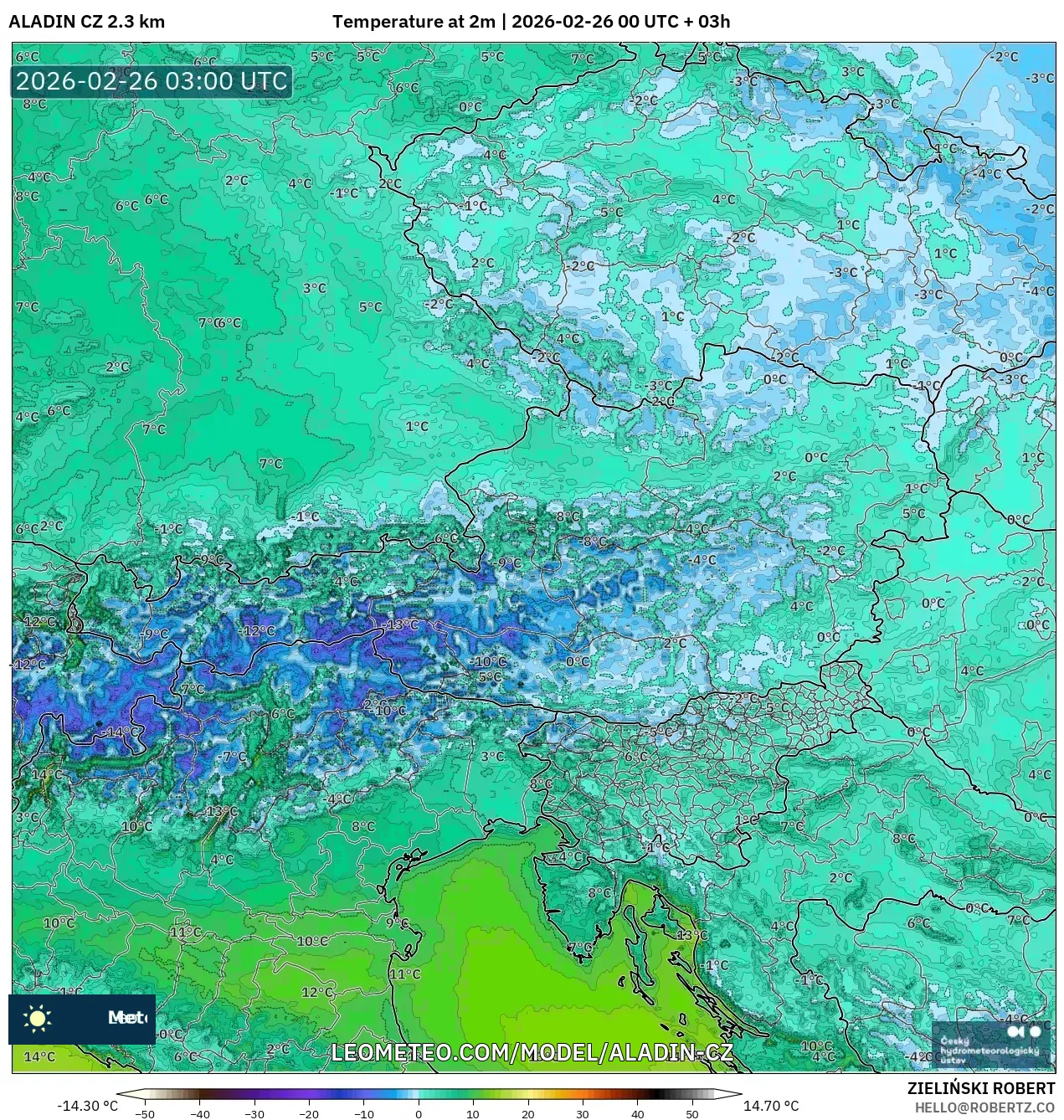 ALADIN CZ 2.3 km model - Avusturya, 2 m Sıcaklık