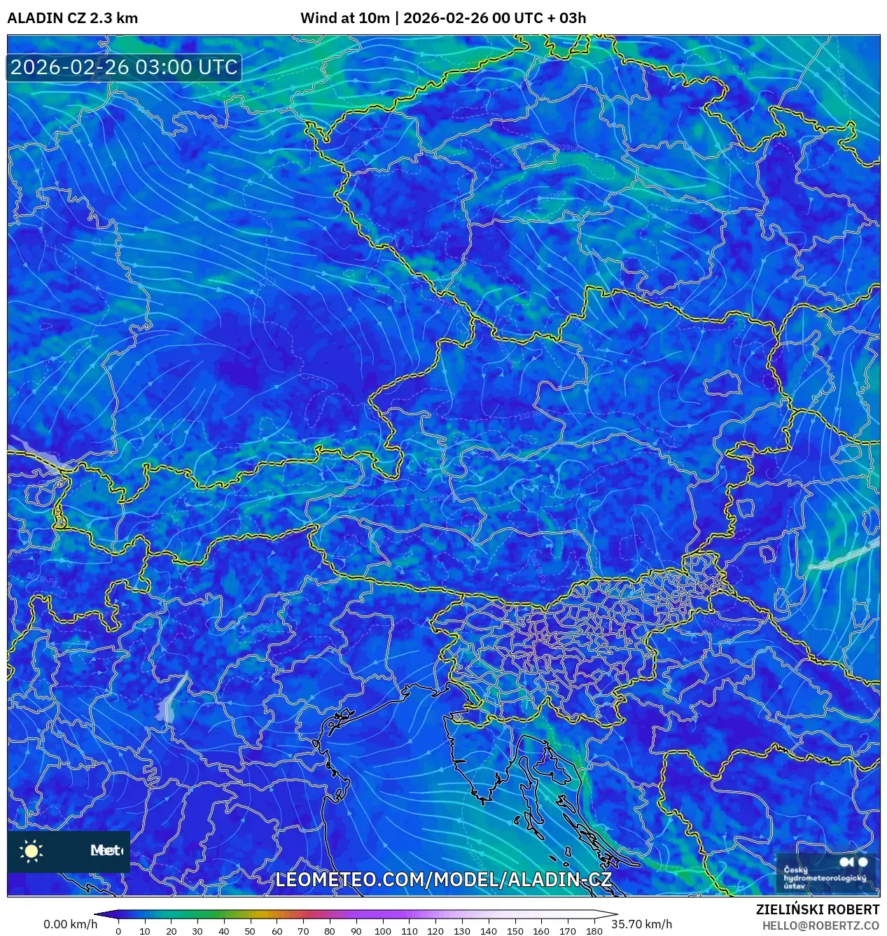 ALADIN CZ 2.3 km model - Avusturya, 10 m Rüzgâr
