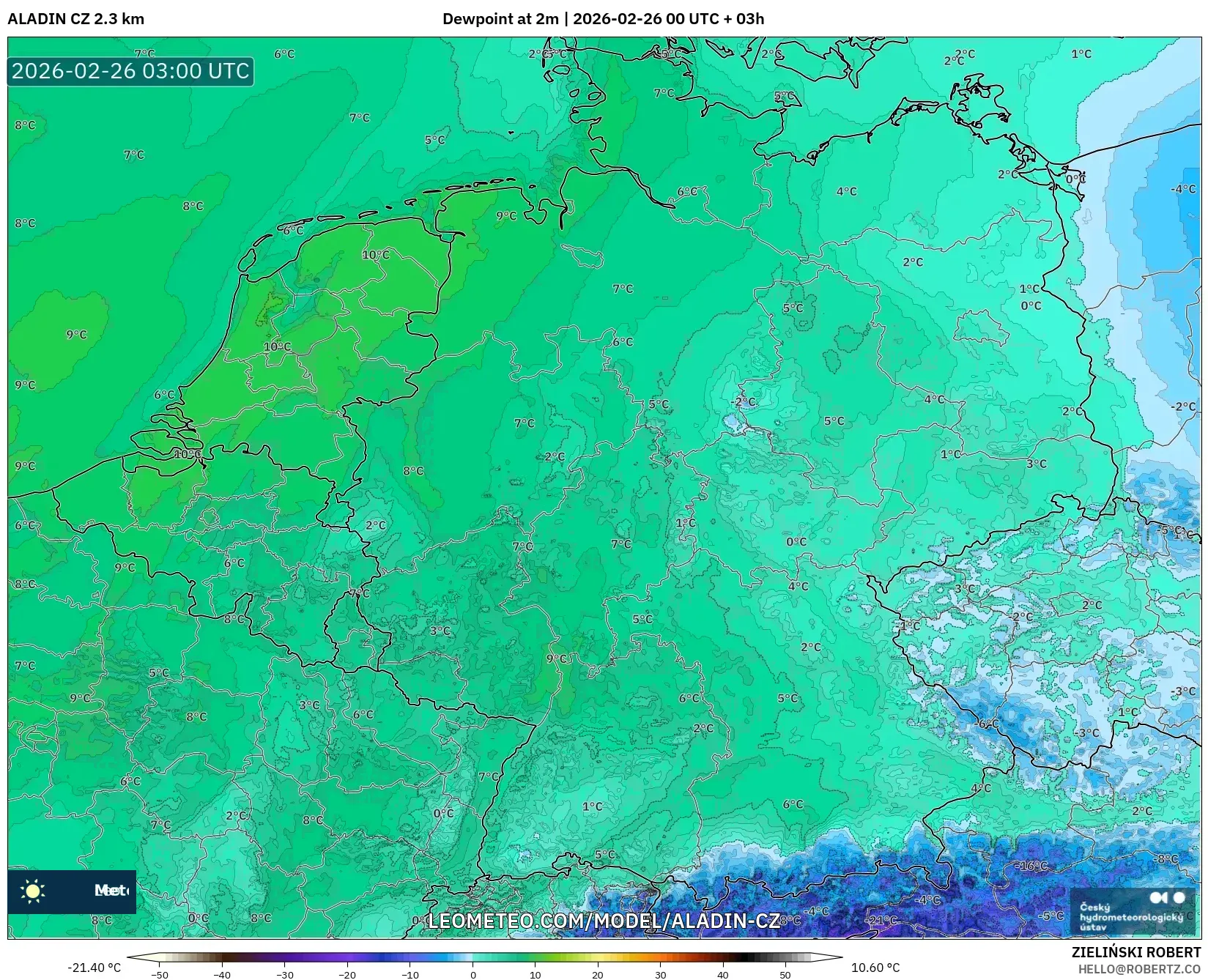 ALADIN CZ 2.3 km model - Almanya, 2 m Çiy Noktası