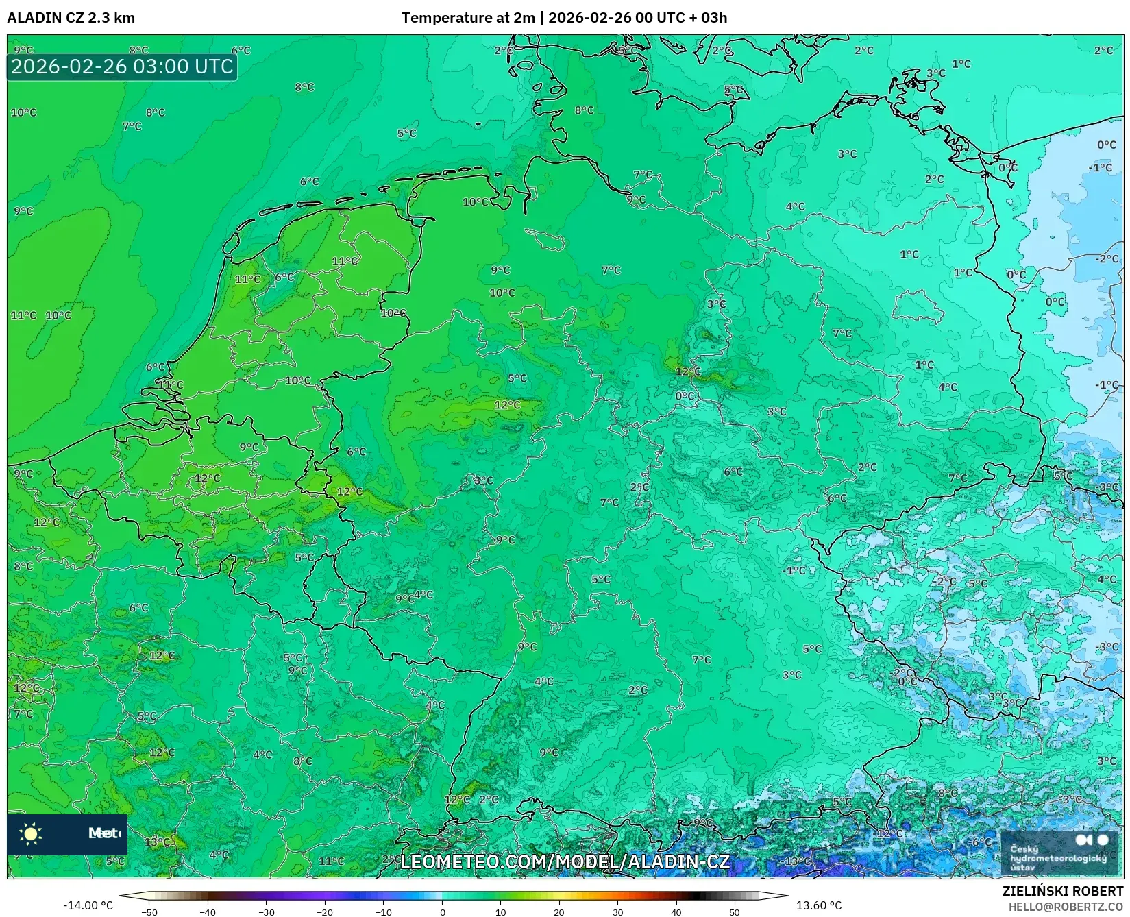 ALADIN CZ 2.3 km model - Almanya, 2 m Sıcaklık