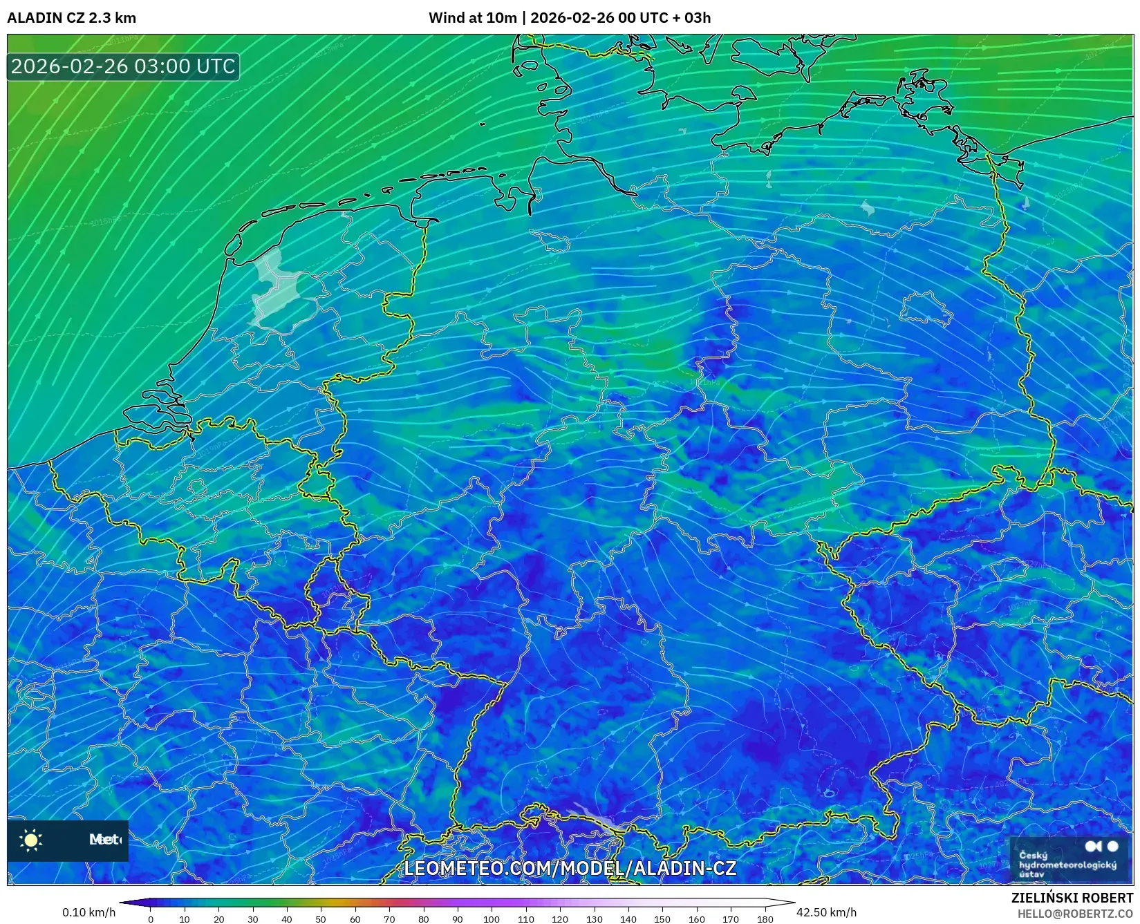 ALADIN CZ 2.3 km model - Almanya, 10 m Rüzgâr