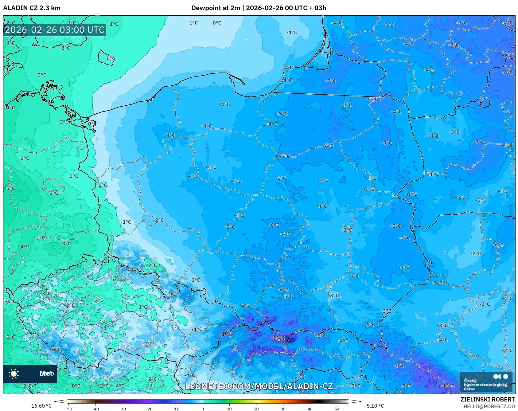 ALADIN CZ 2.3 km model - Polonya, 2 m Çiy Noktası