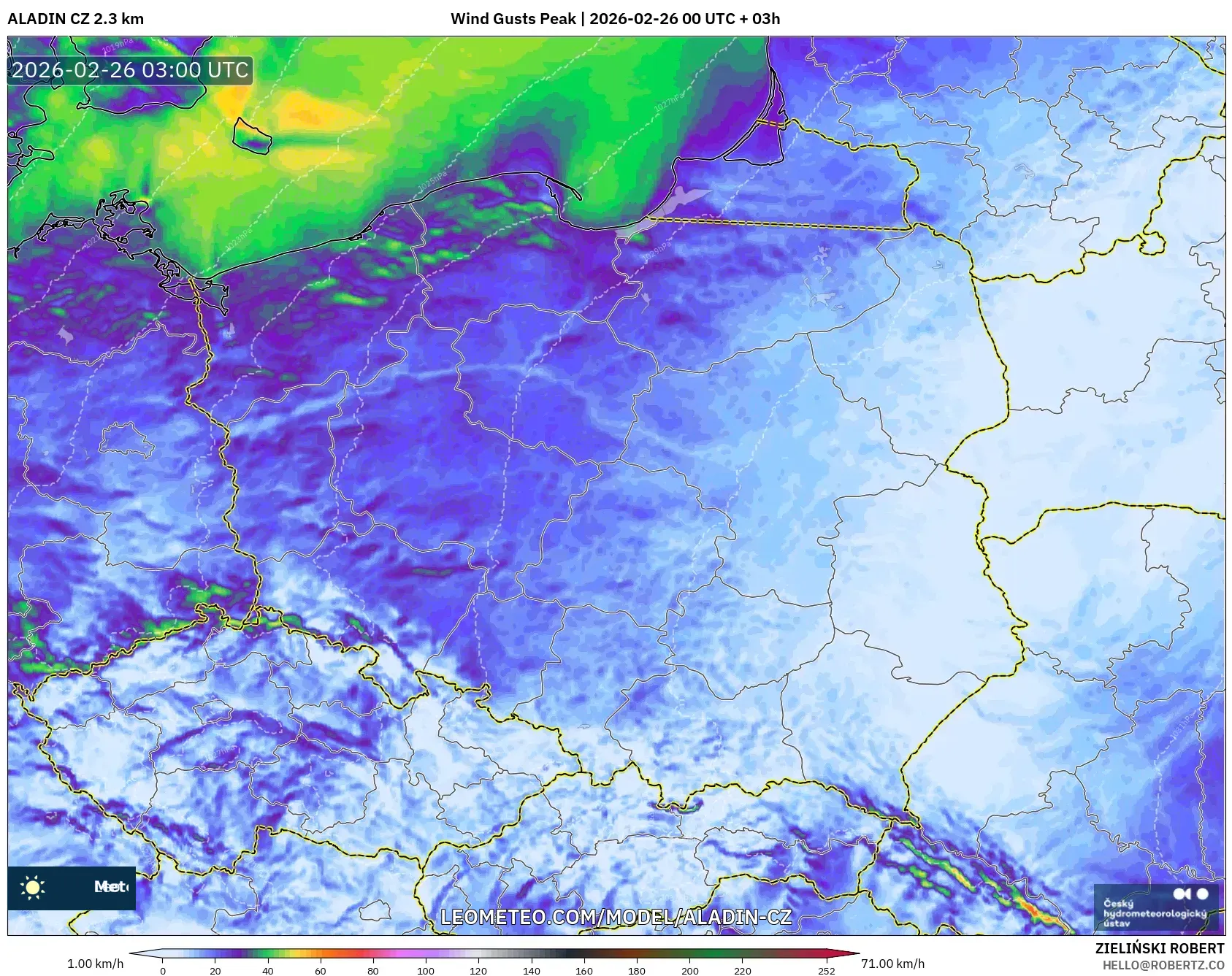 ALADIN CZ 2.3 km model - Polonya, En Yüksek Rüzgâr