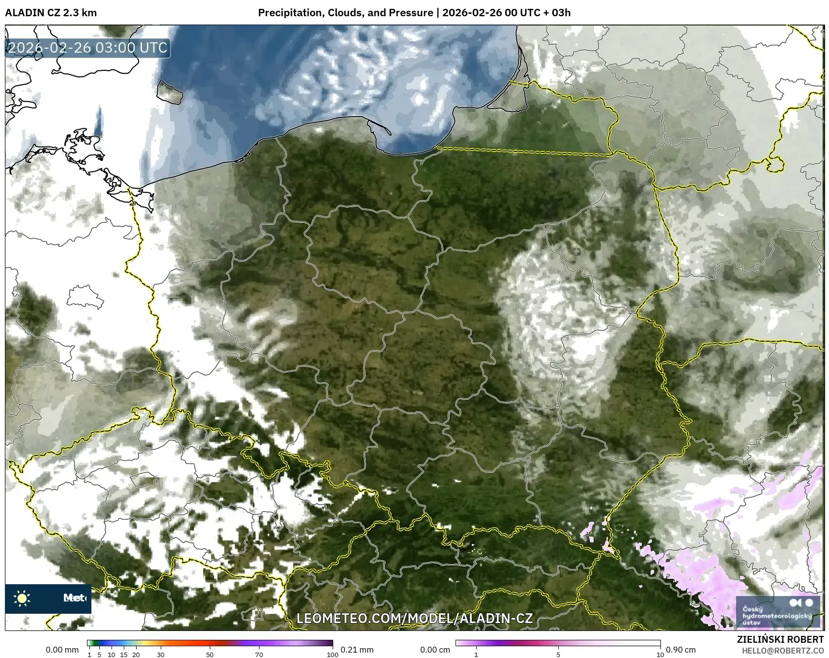 ALADIN CZ 2.3 km model - Polonya, Yağış, Bulut ve Basınç