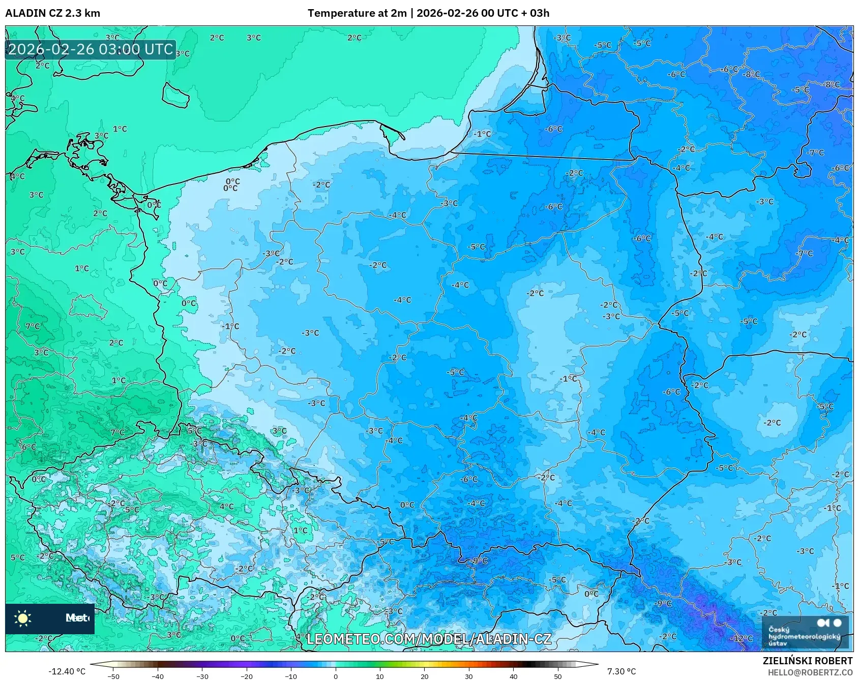 ALADIN CZ 2.3 km model - Polonya, 2 m Sıcaklık