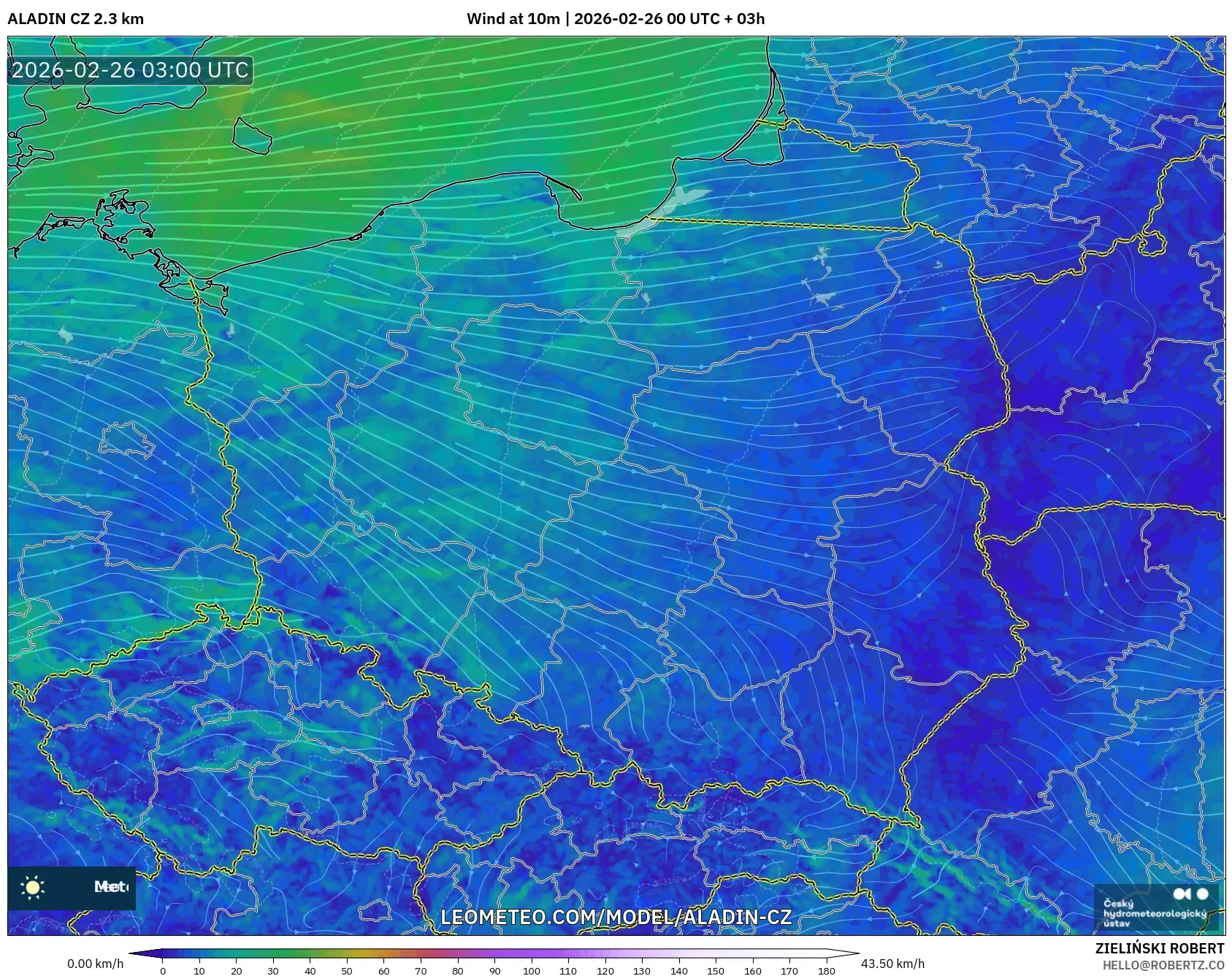 ALADIN CZ 2.3 km model - Polonya, 10 m Rüzgâr