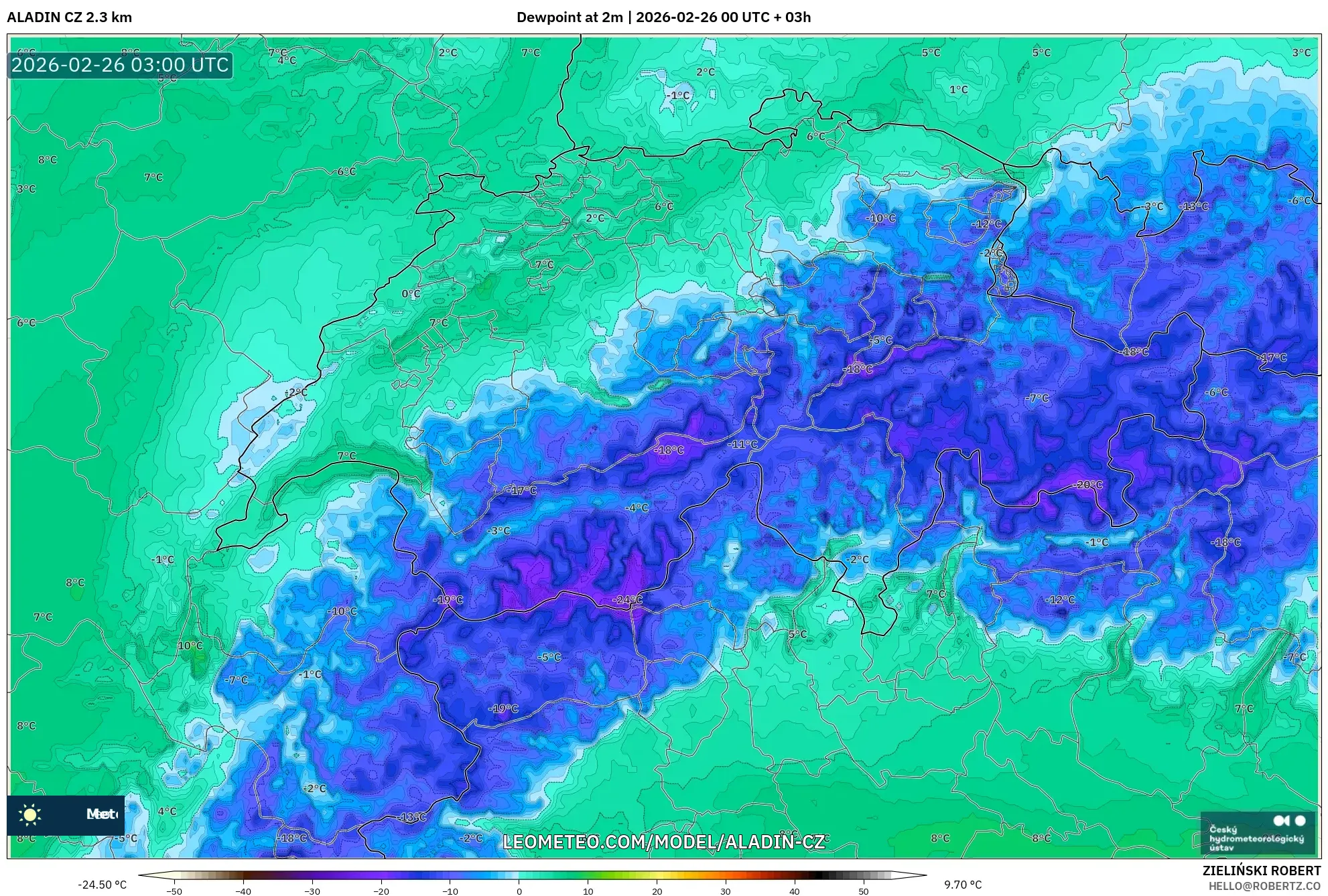 ALADIN CZ 2.3 km model - İsviçre, 2 m Çiy Noktası