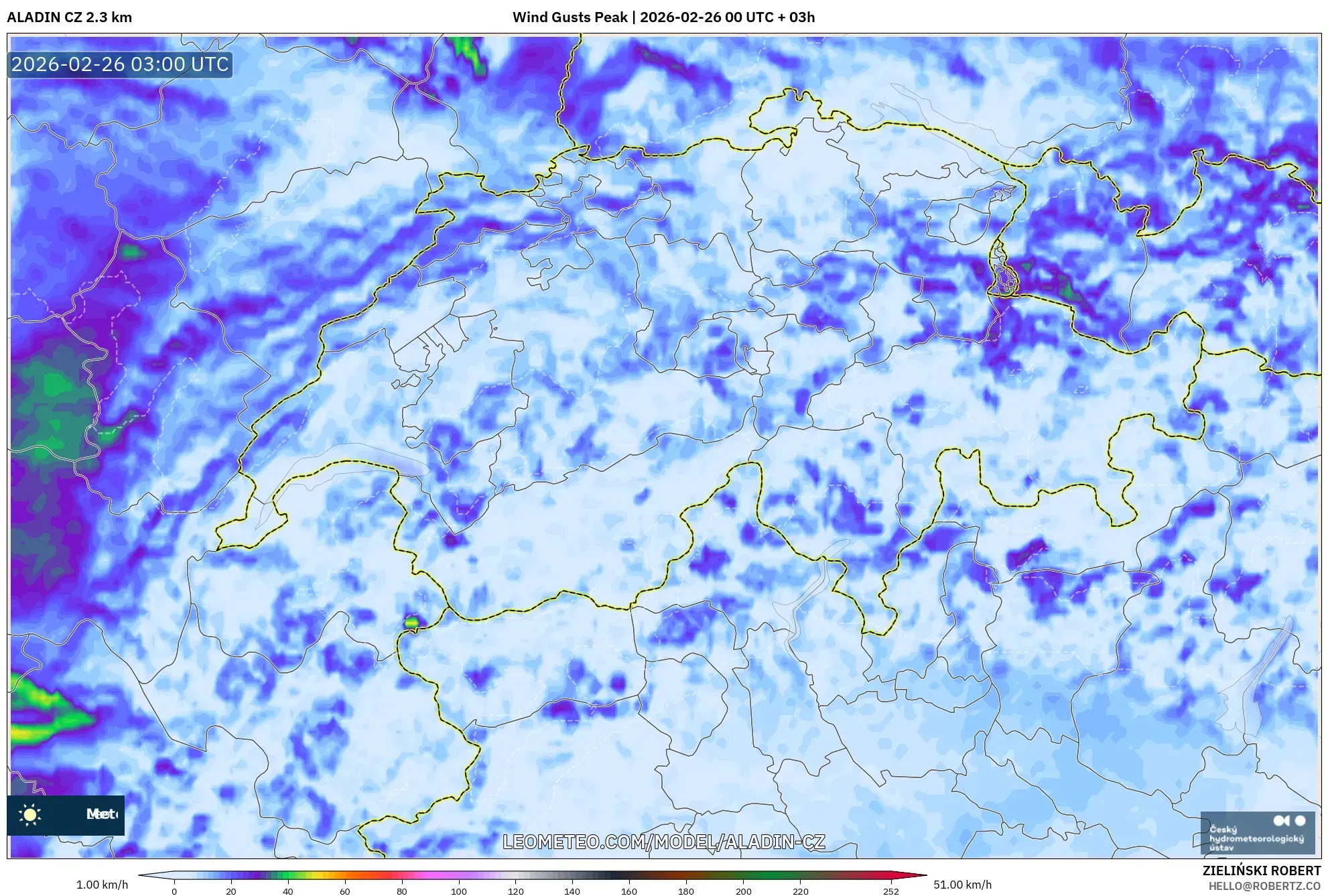ALADIN CZ 2.3 km model - İsviçre, En Yüksek Rüzgâr
