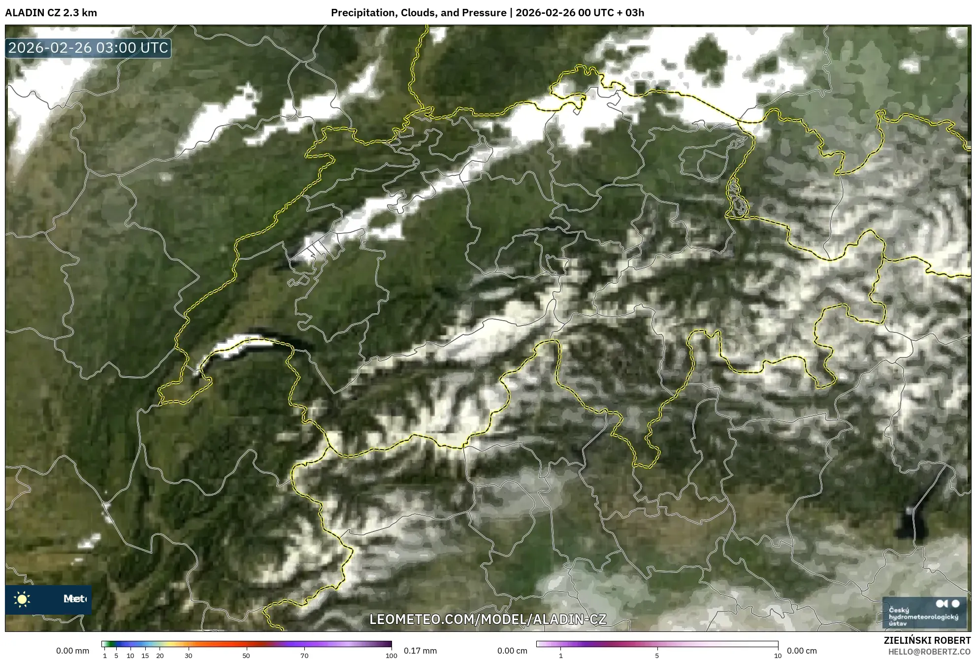 ALADIN CZ 2.3 km model - İsviçre, Yağış, Bulut ve Basınç