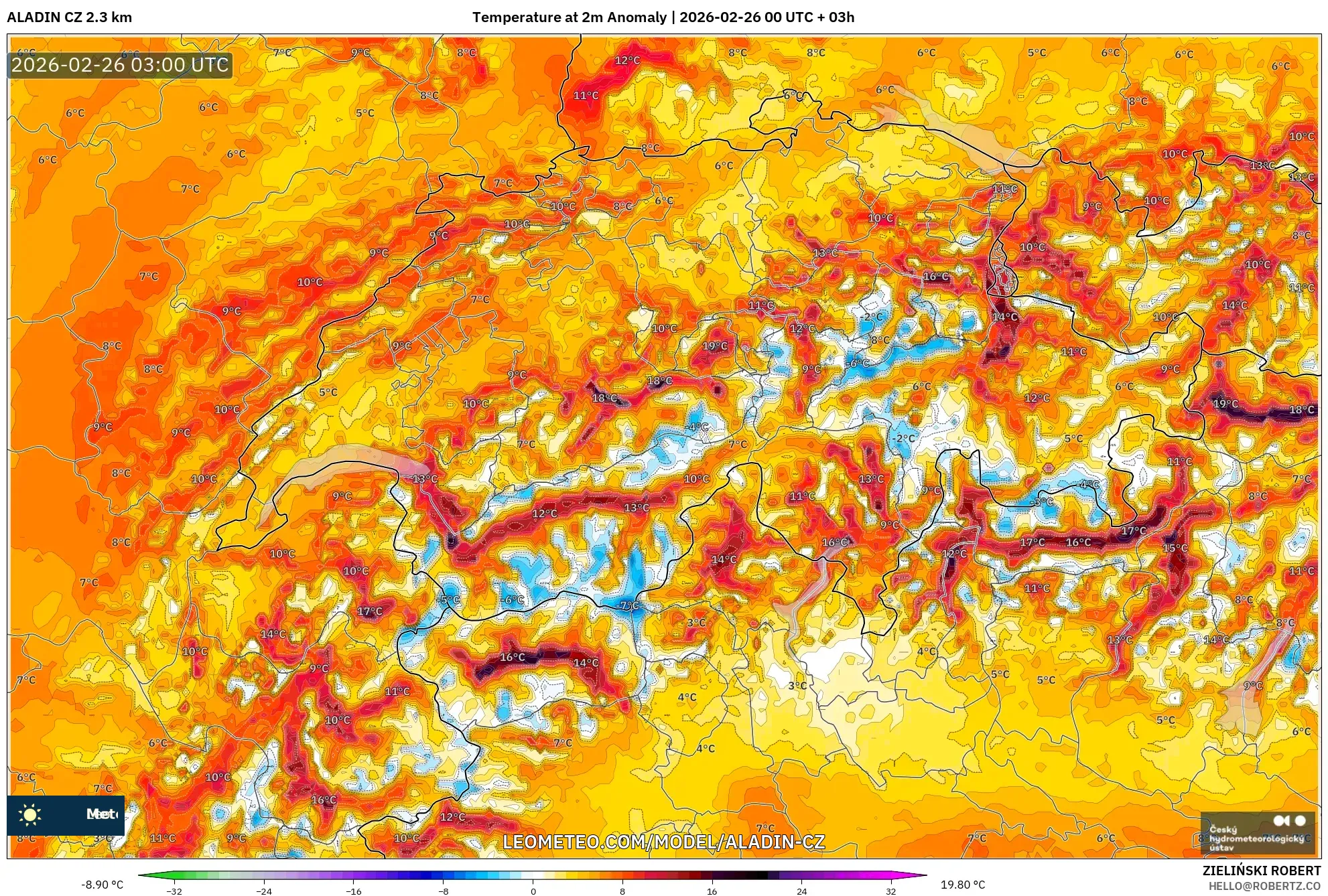 ALADIN CZ 2.3 km model - İsviçre, 2 m Sıcaklık Anomalisi