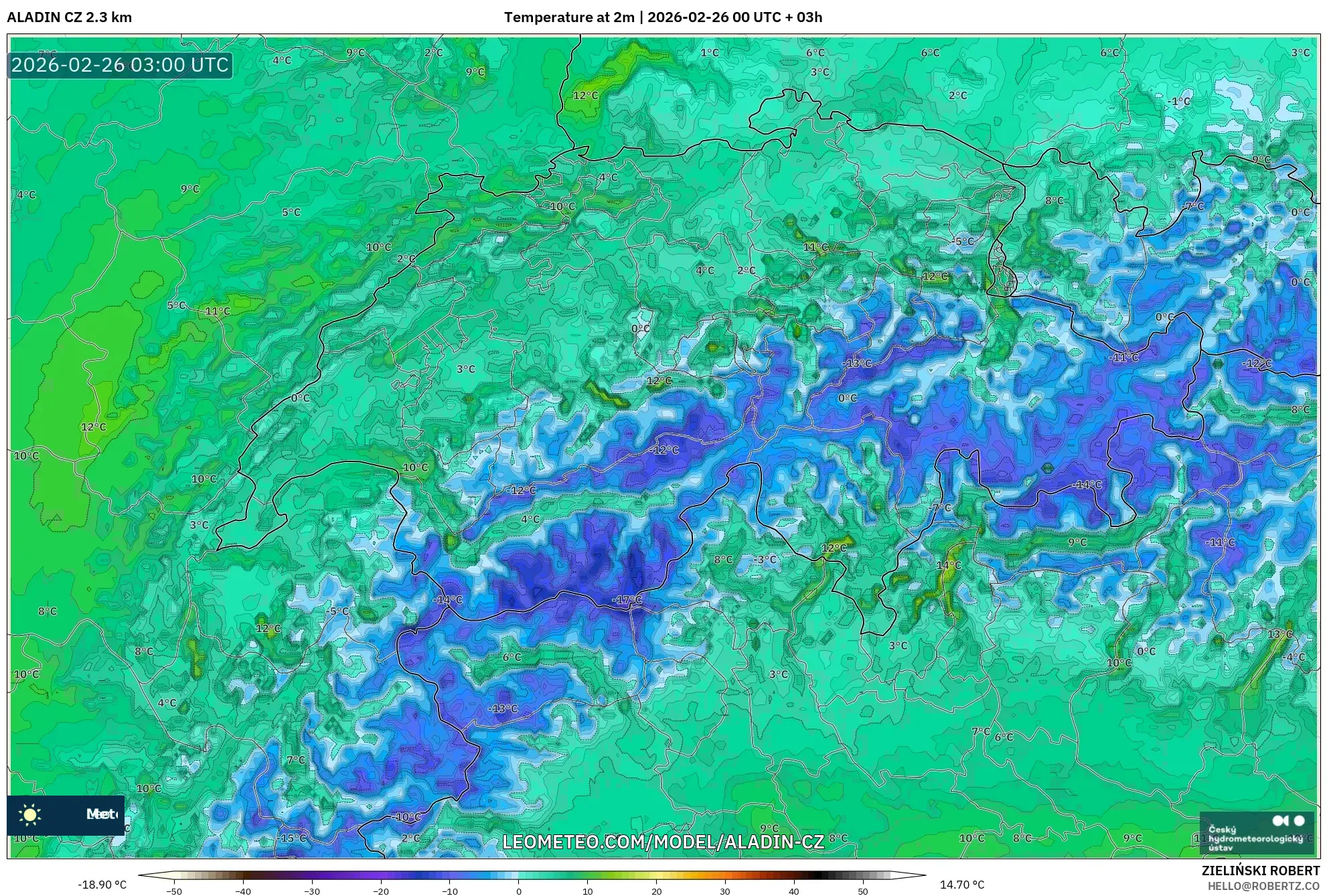 ALADIN CZ 2.3 km model - İsviçre, 2 m Sıcaklık