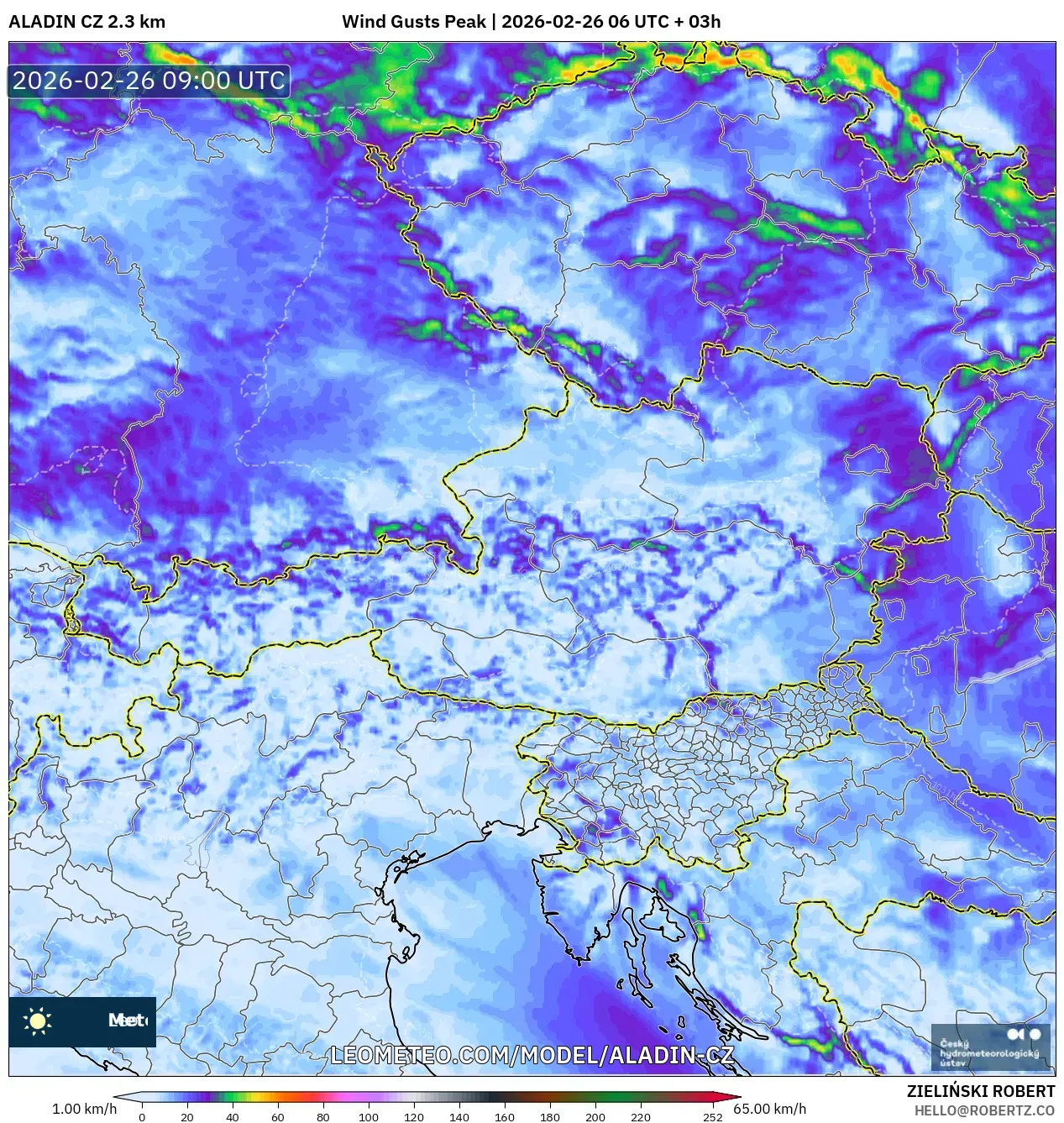 ALADIN CZ 2.3 km model - Avusturya, En Yüksek Rüzgâr