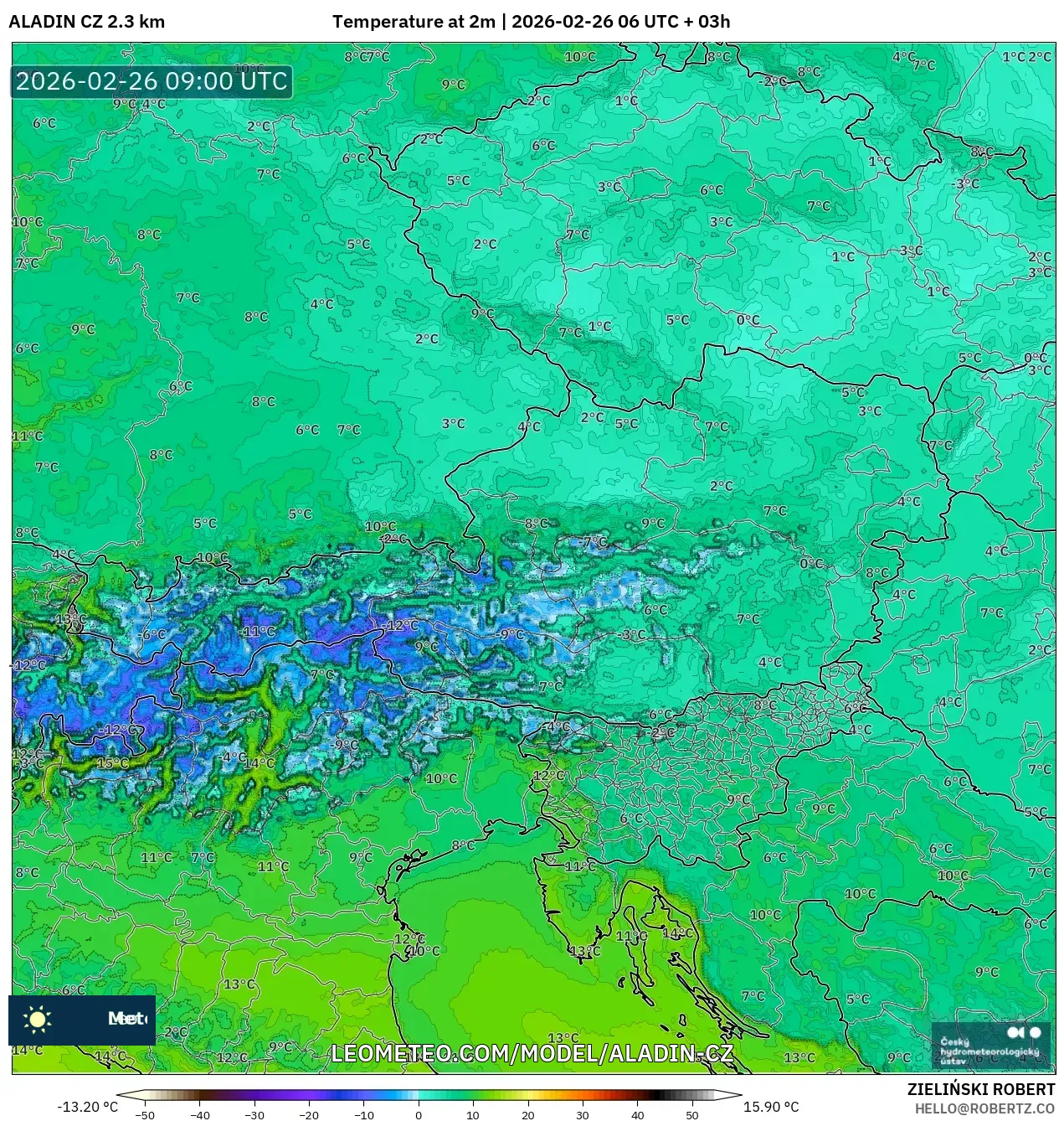 ALADIN CZ 2.3 km model - Avusturya, 2 m Sıcaklık