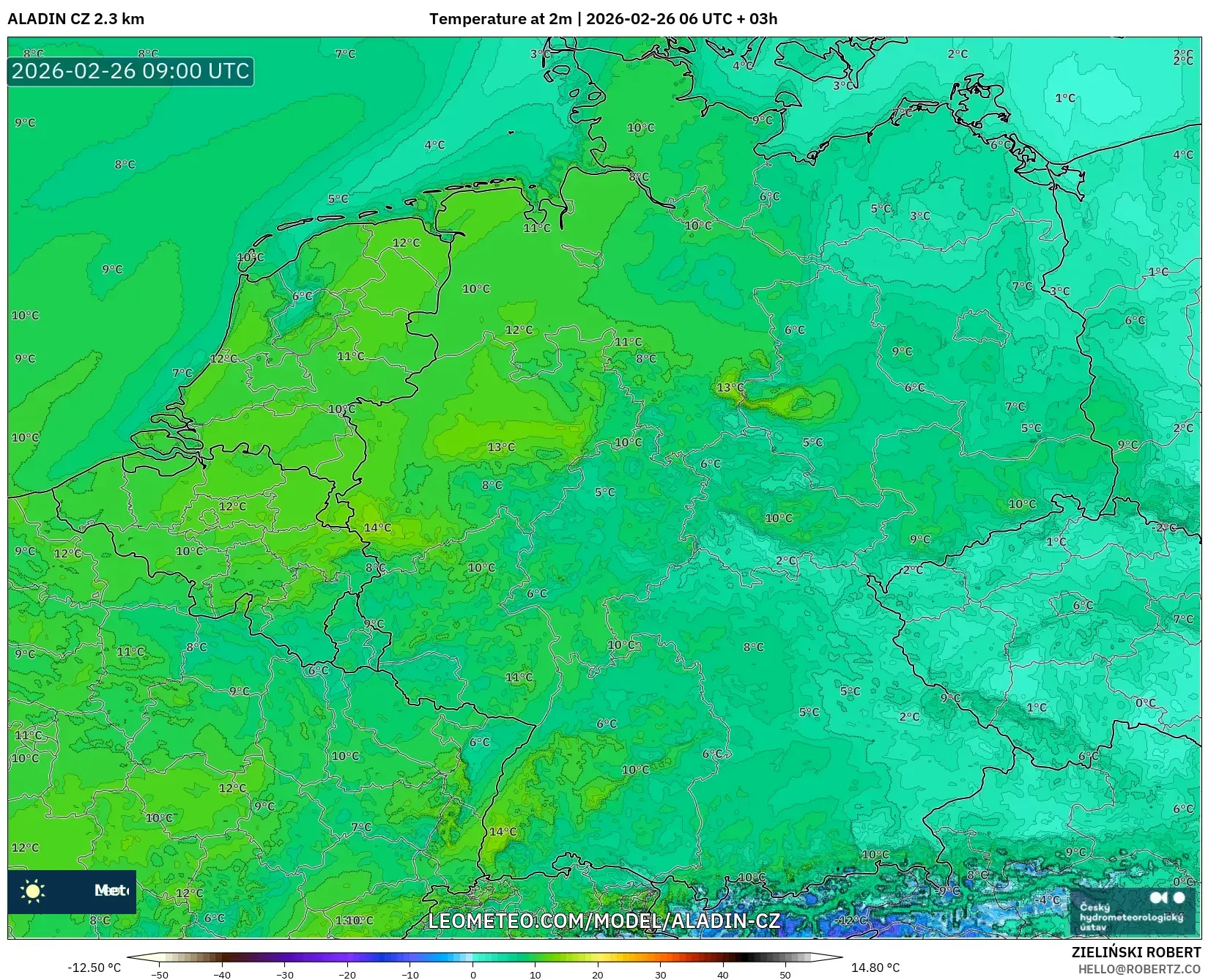 ALADIN CZ 2.3 km model - Almanya, 2 m Sıcaklık