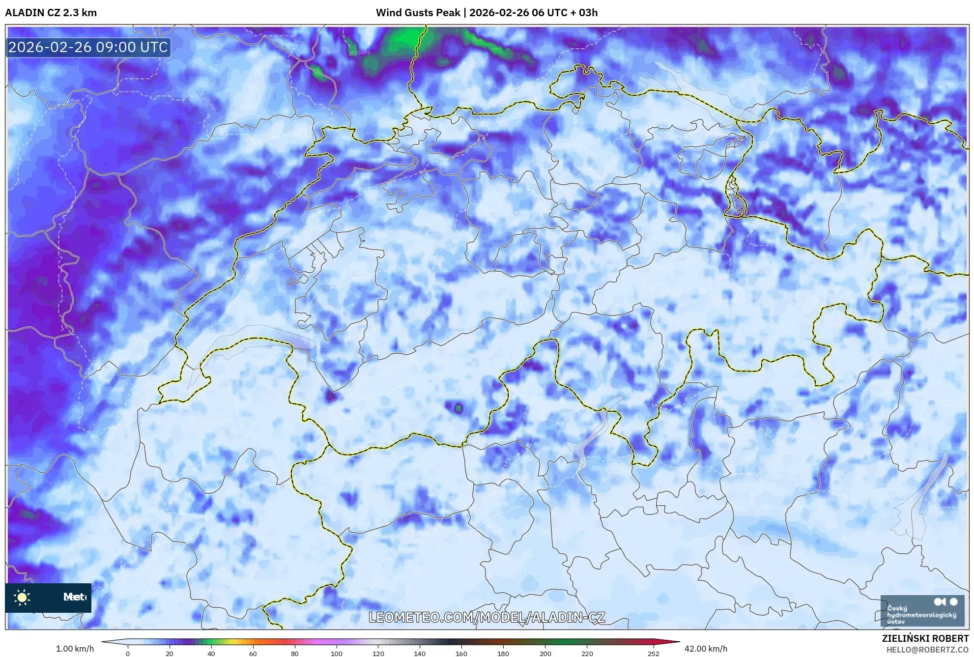 ALADIN CZ 2.3 km model - İsviçre, En Yüksek Rüzgâr