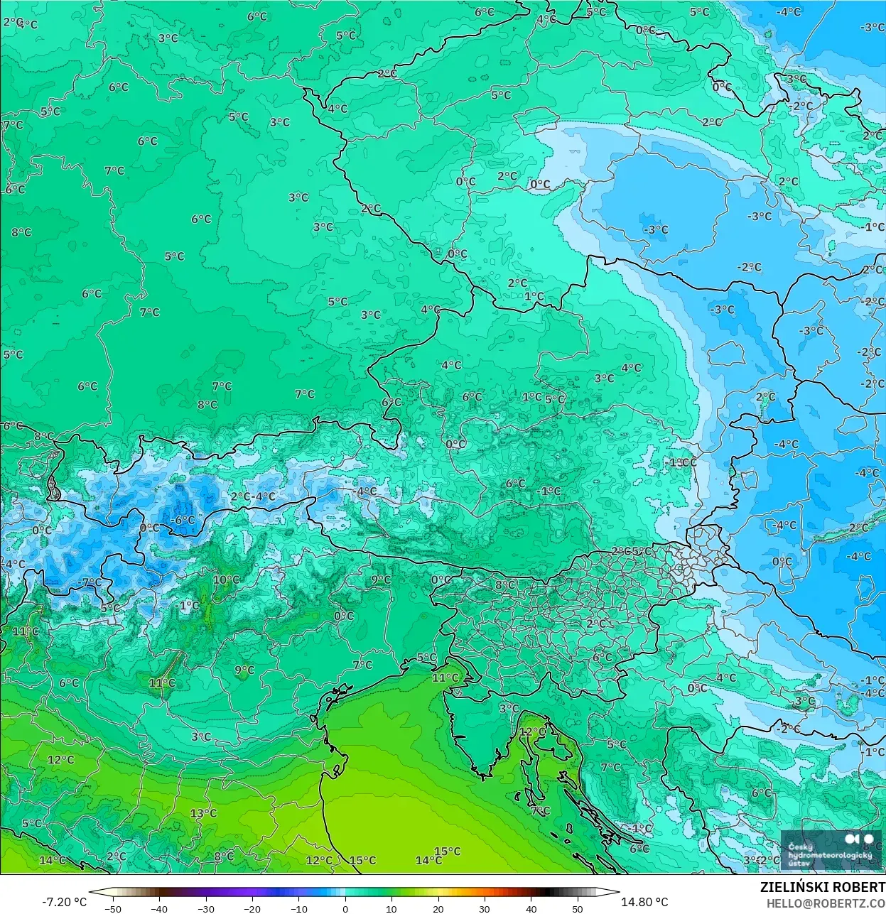 ALADIN CZ 2.3 km model - Avusturya, 2 m Çiy Noktası
