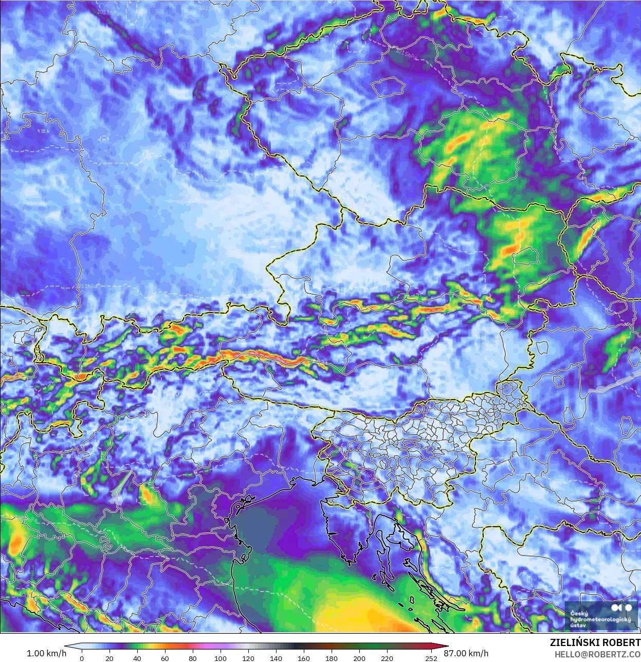 ALADIN CZ 2.3 km model - Avusturya, En Yüksek Rüzgâr