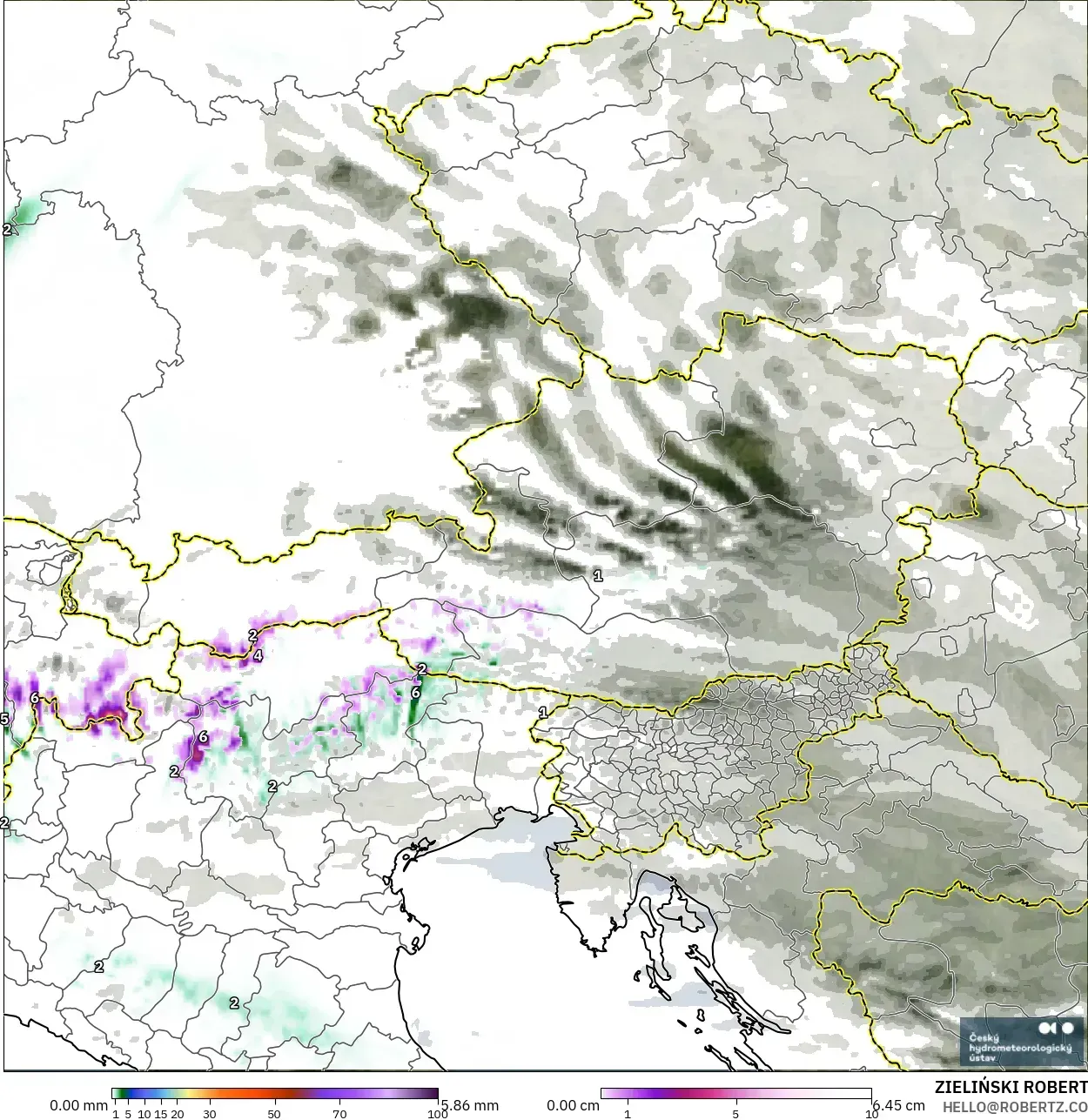 ALADIN CZ 2.3 km model - Avusturya, Yağış, Bulut ve Basınç