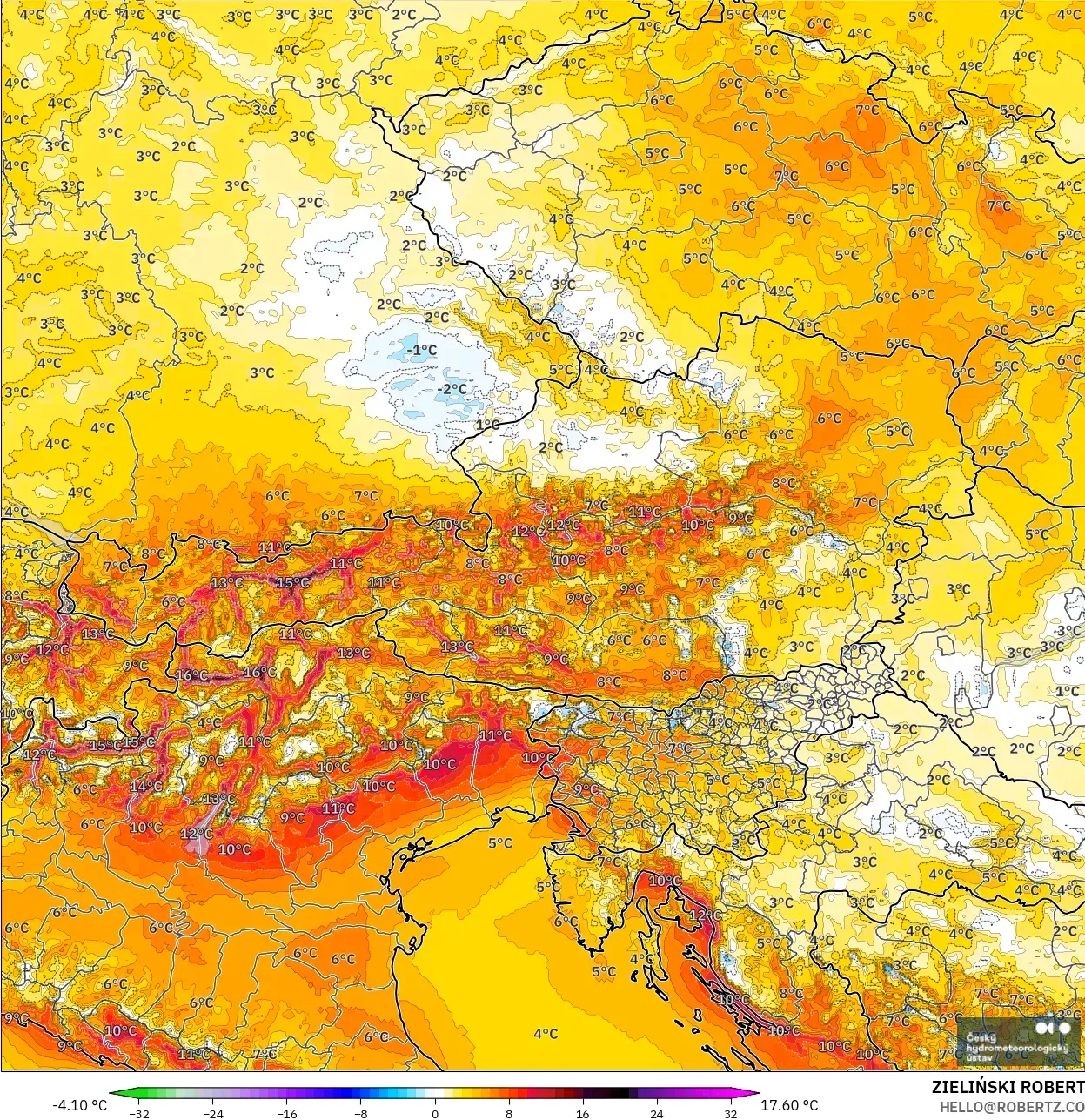 ALADIN CZ 2.3 km model - Avusturya, 2 m Sıcaklık Anomalisi