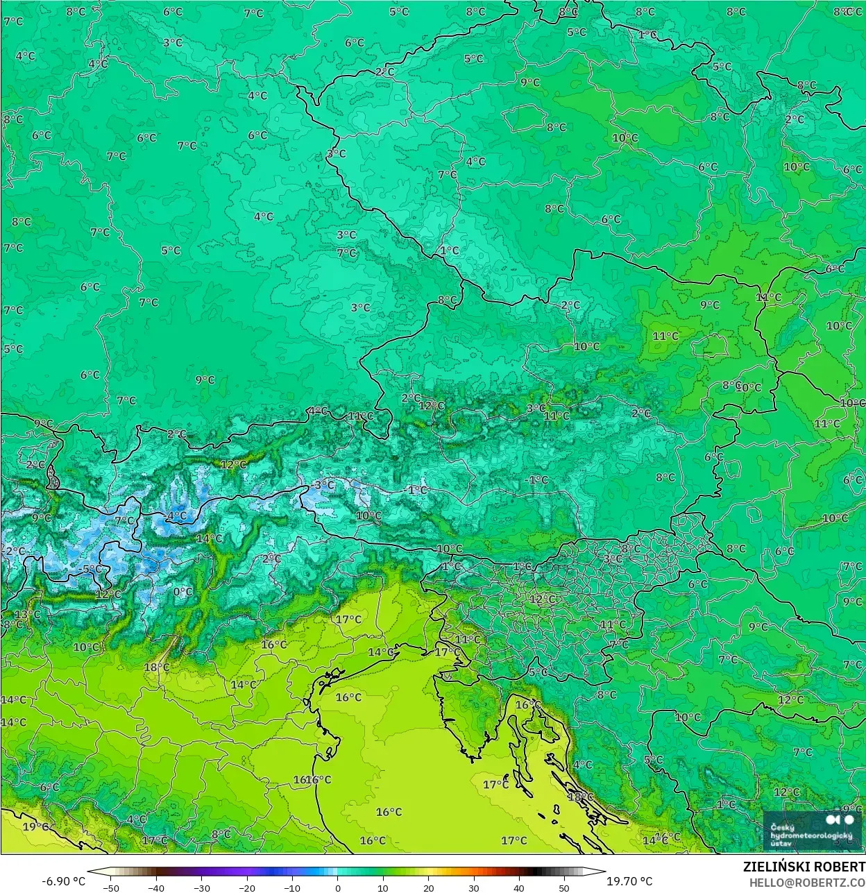 ALADIN CZ 2.3 km model - Avusturya, 2 m Sıcaklık