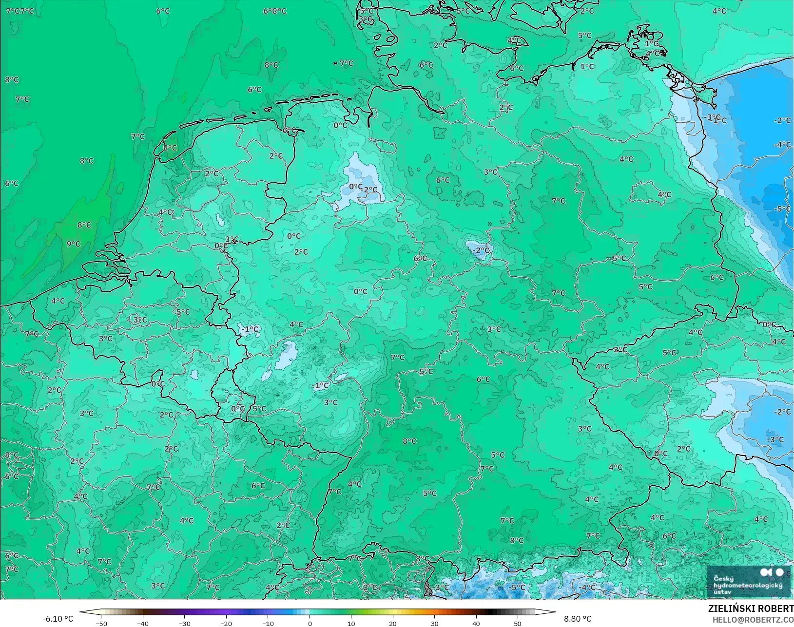 ALADIN CZ 2.3 km model - Almanya, 2 m Çiy Noktası