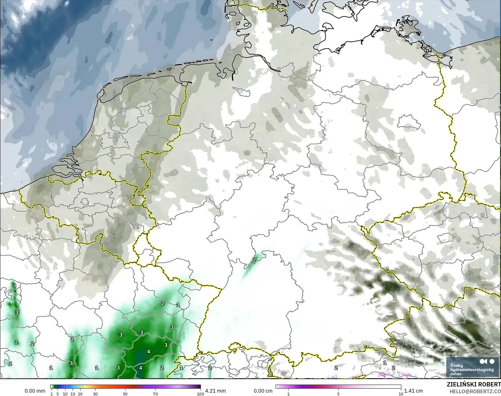 ALADIN CZ 2.3 km model - Almanya, Yağış, Bulut ve Basınç